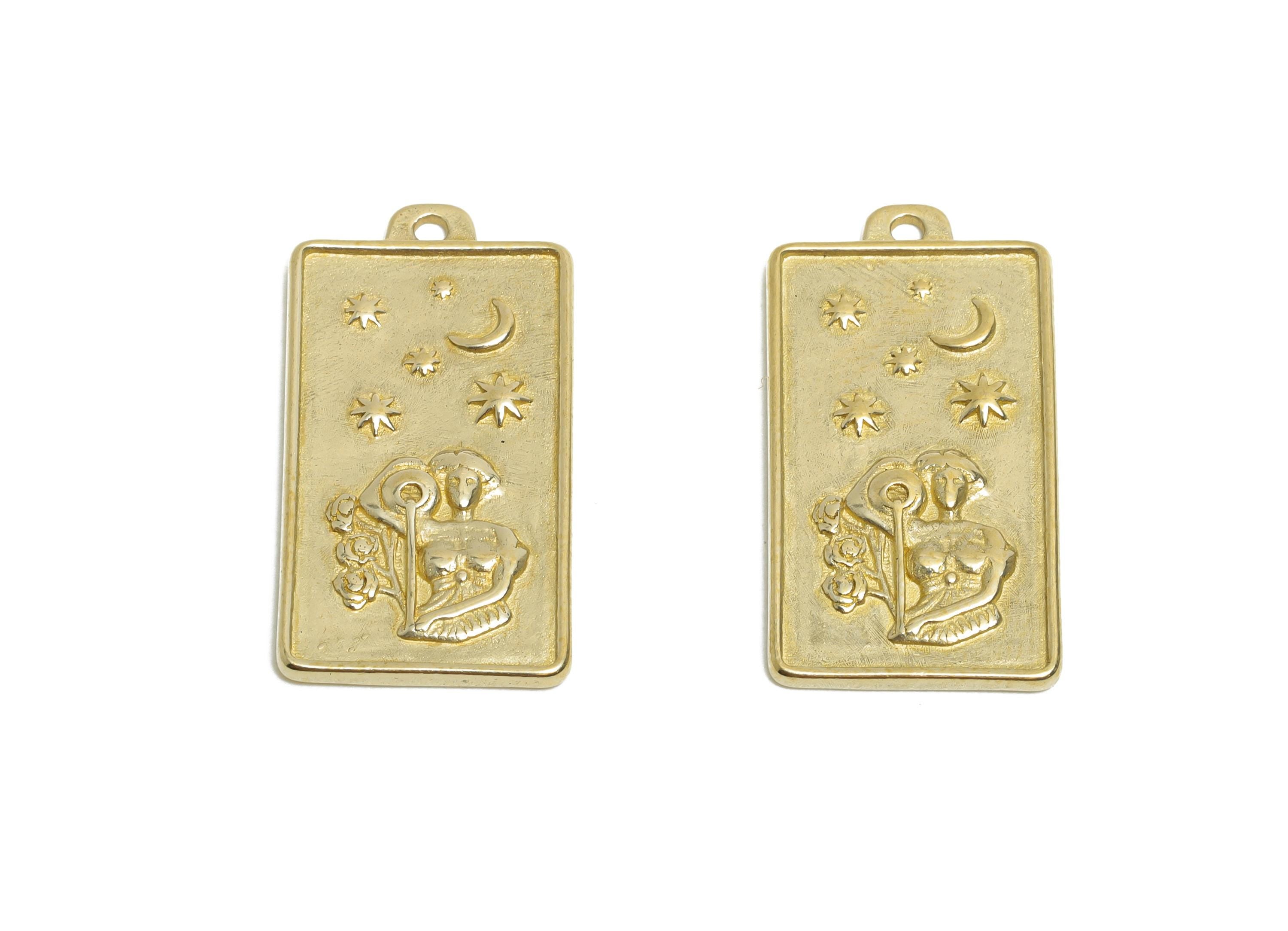 Aquarius Zodiac Rectangle Charm - Raw Brass Horoscopes Necklace Pendant - Astrology Good Lucky Charm - Jewelry Making - 24x12x1mm - PP11410 - DOMEDBAZAAR