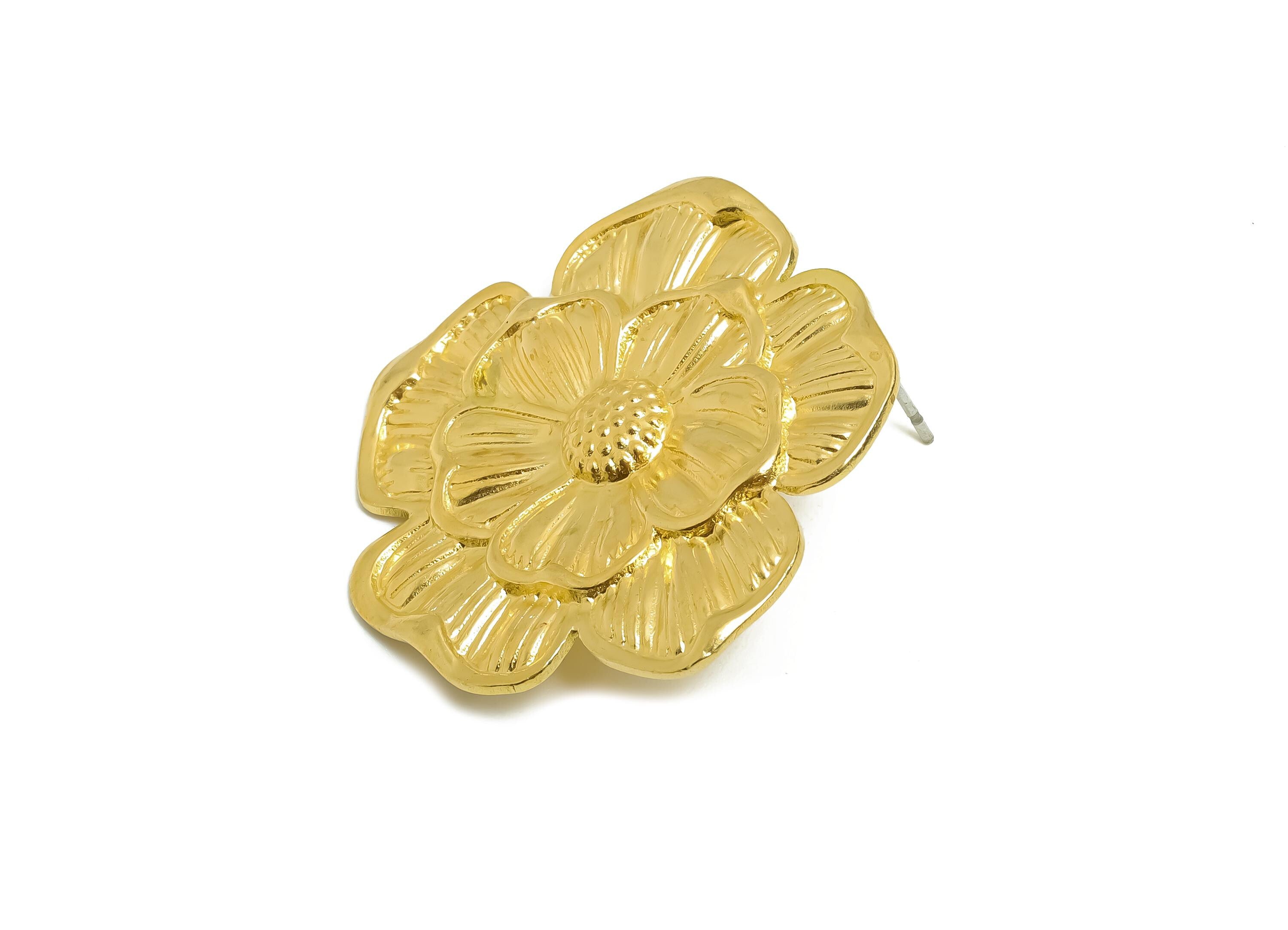 Brass Flower Earring Post - Brass Textured Flower Earring Stud - Fashion Earring For Women - Wedding Or Party Earring - 34x26x10mm - PP11077 - DOMEDBAZAAR