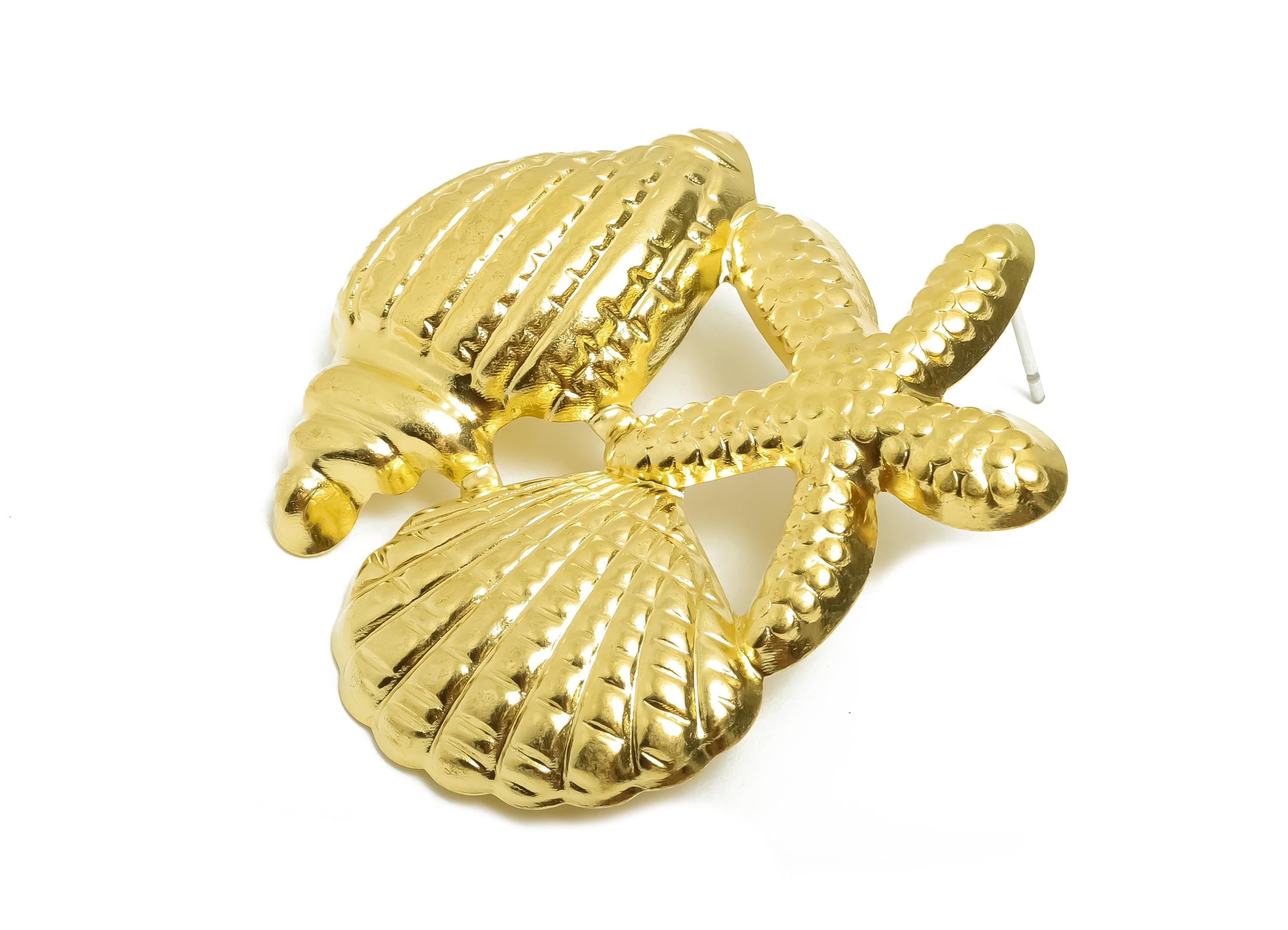 Brass Conch Starfish Post - Textured Shell Marine Earring Stud - Refined Marine Jewelry - Cute Boho Earring Stud - 40x36x5mm - PP11080 - DOMEDBAZAAR