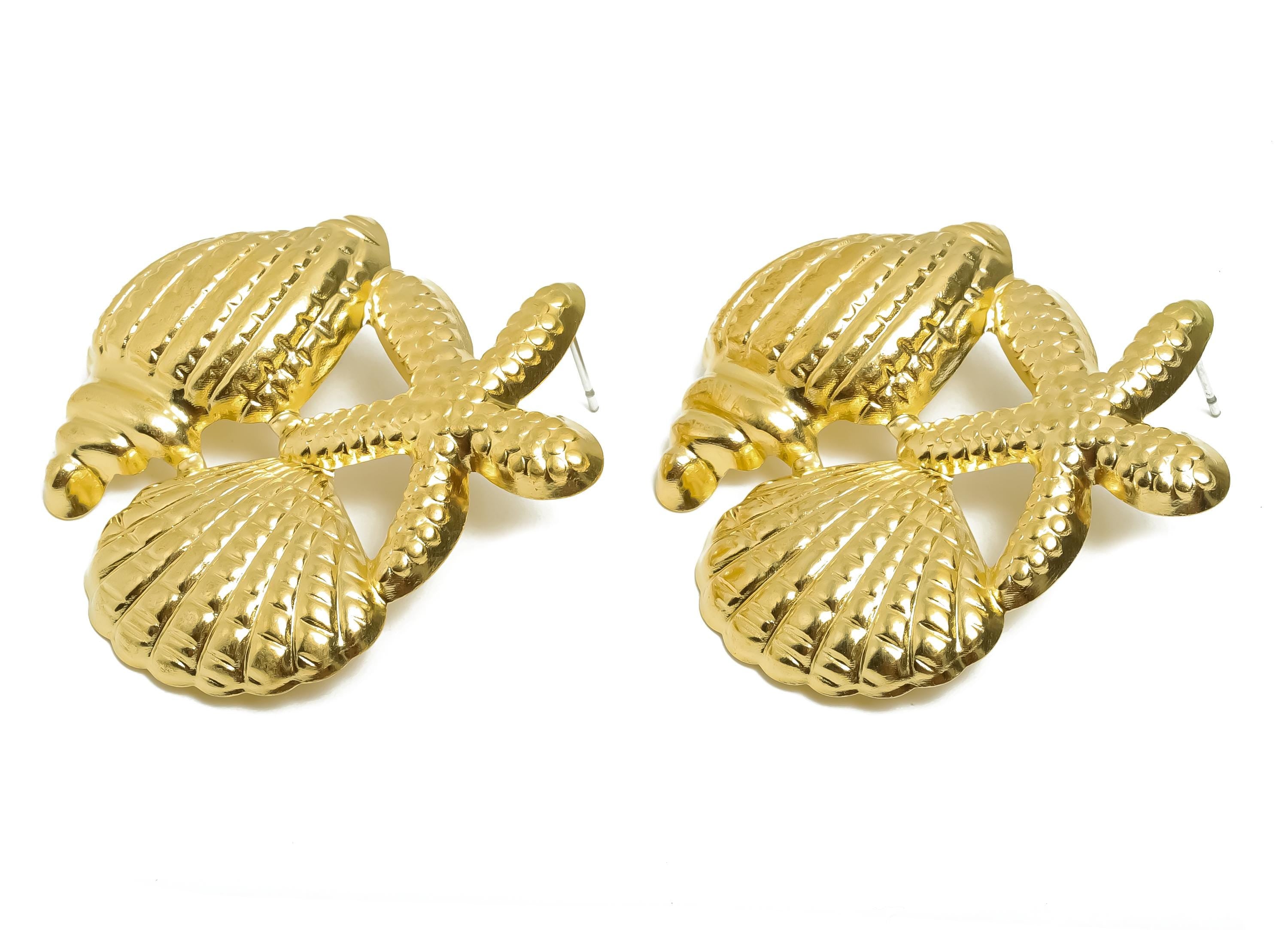Brass Conch Starfish Post - Textured Shell Marine Earring Stud - Refined Marine Jewelry - Cute Boho Earring Stud - 40x36x5mm - PP11080 - DOMEDBAZAAR