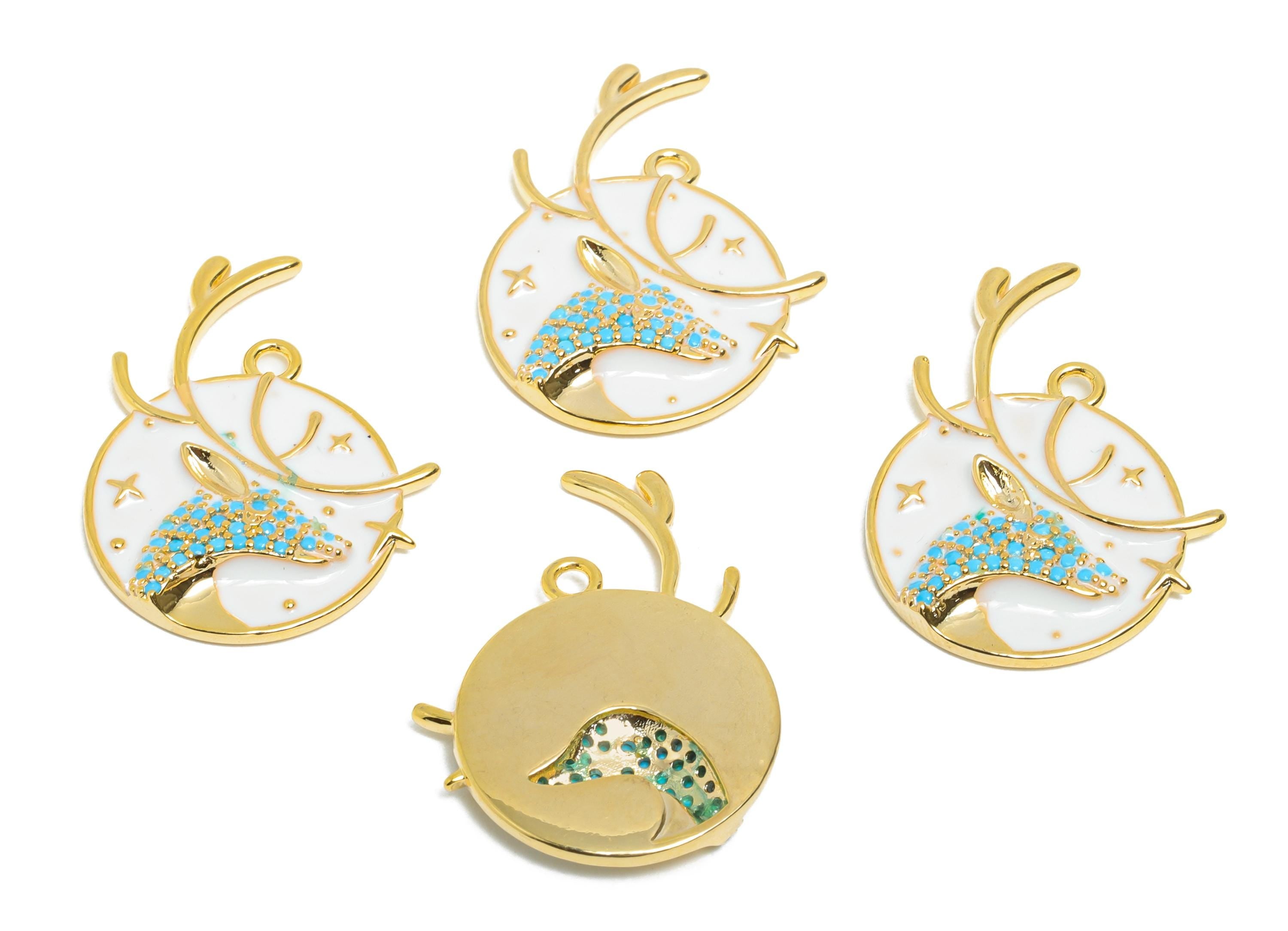 Reindeer Pendant Charm - Dainty Gold Brass Enamel Pendant - Cubic Zircon Necklace Pendant - 18K Real Gold Plated - 27x19x3mm - RGP11027