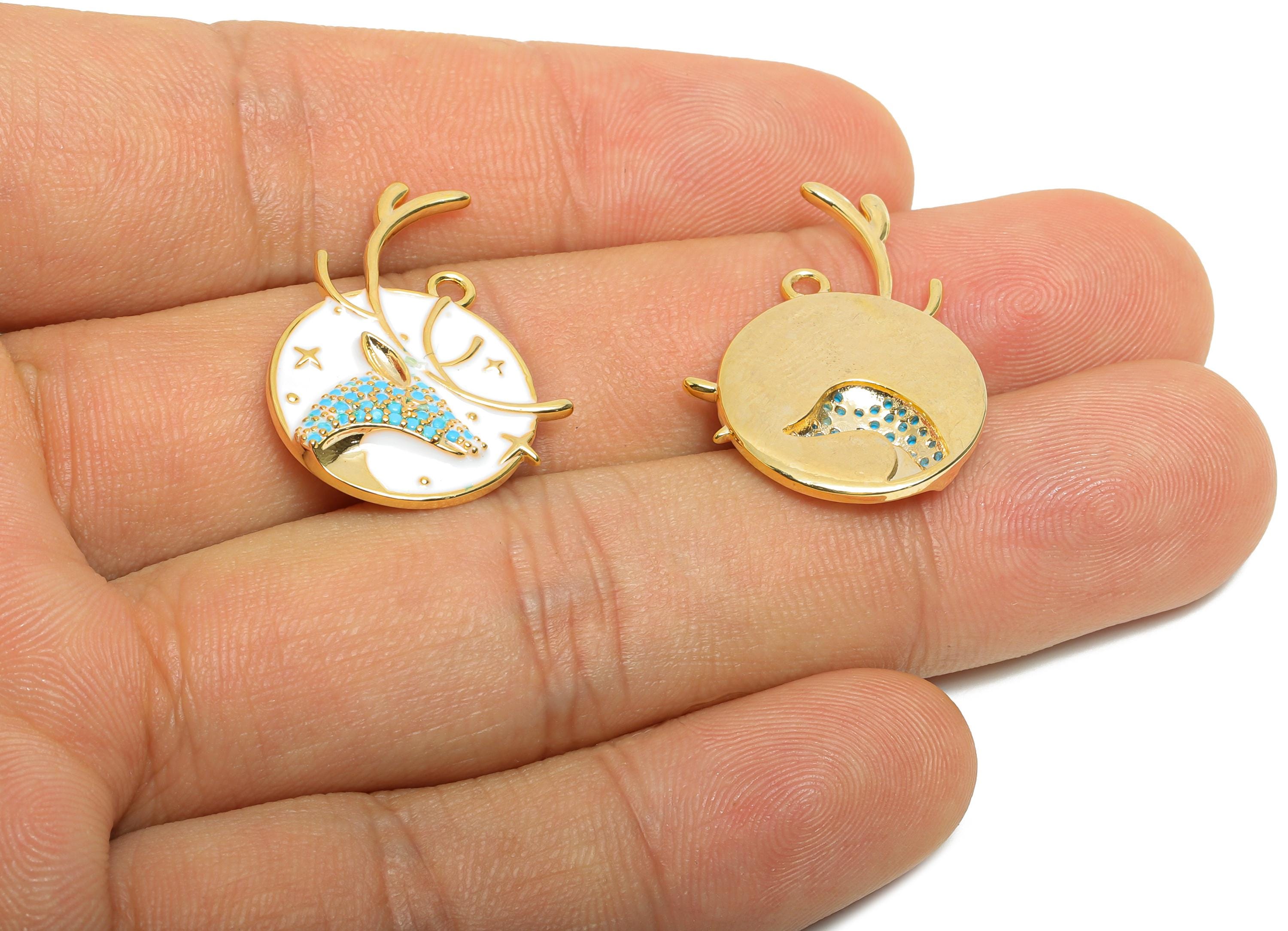 Reindeer Pendant Charm - Dainty Gold Brass Enamel Pendant - Cubic Zircon Necklace Pendant - 18K Real Gold Plated - 27x19x3mm - RGP11027