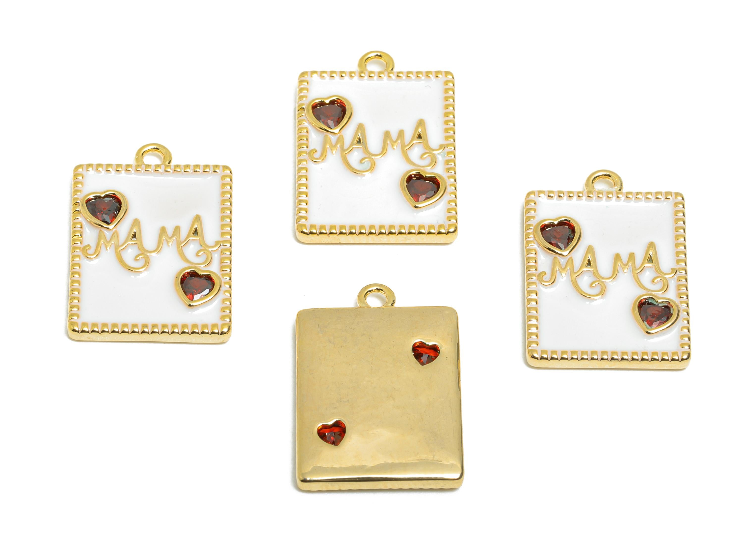Brass Heart Charm Pendant - Dainty MaMa Enamel Pendant - Cubic Zircon Mother's Heart Jewelry - 18K Real Gold Plated - 18x13x2mm -RGP11025