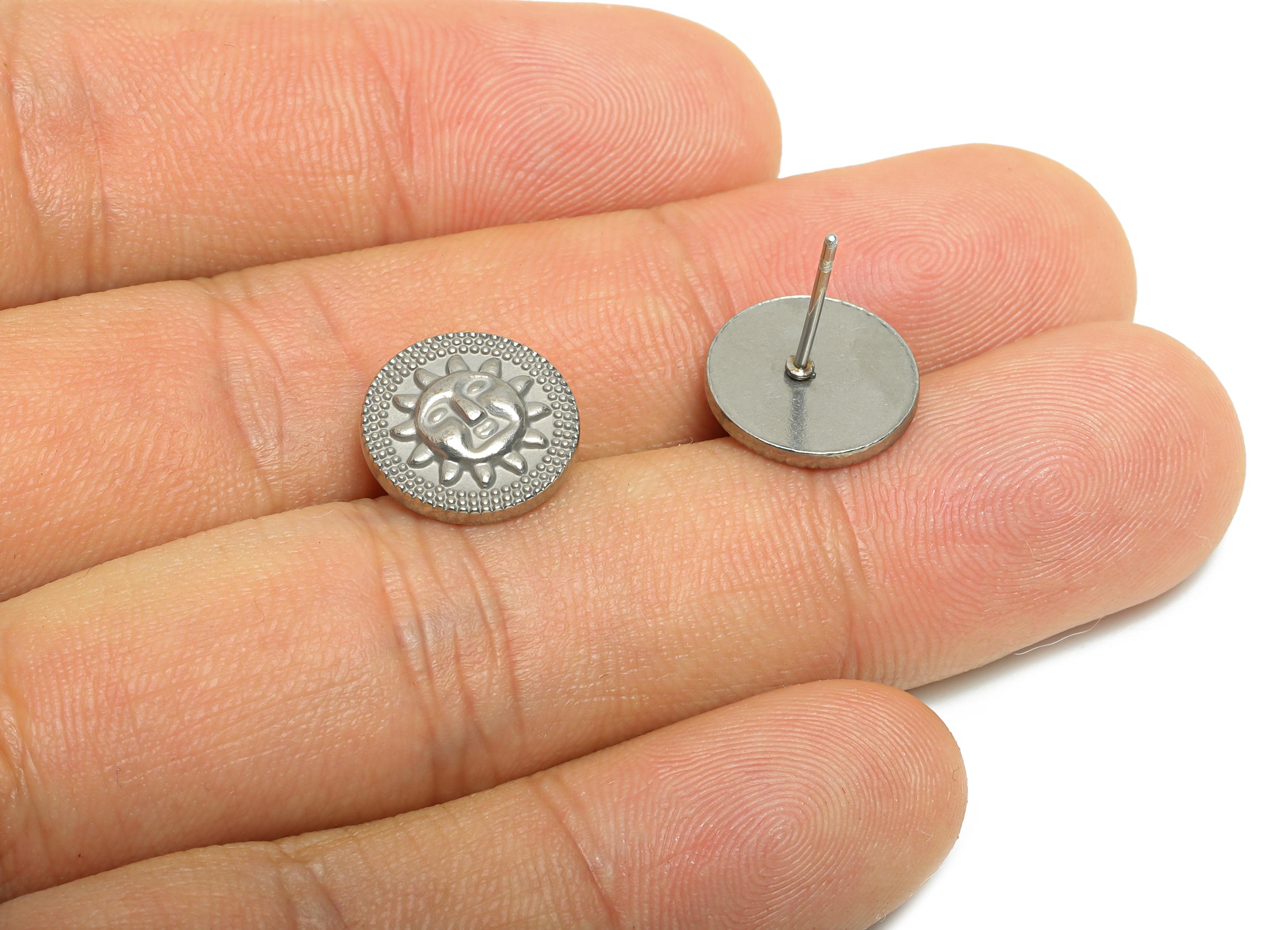 Steel Sun Face Stud Earring - Steel Round Celestial Stud Earrings - Bold Sunburst Earrings - Rocker Style Earring Stud - 12x12x2.6mm -SS2728 - DOMEDBAZAAR