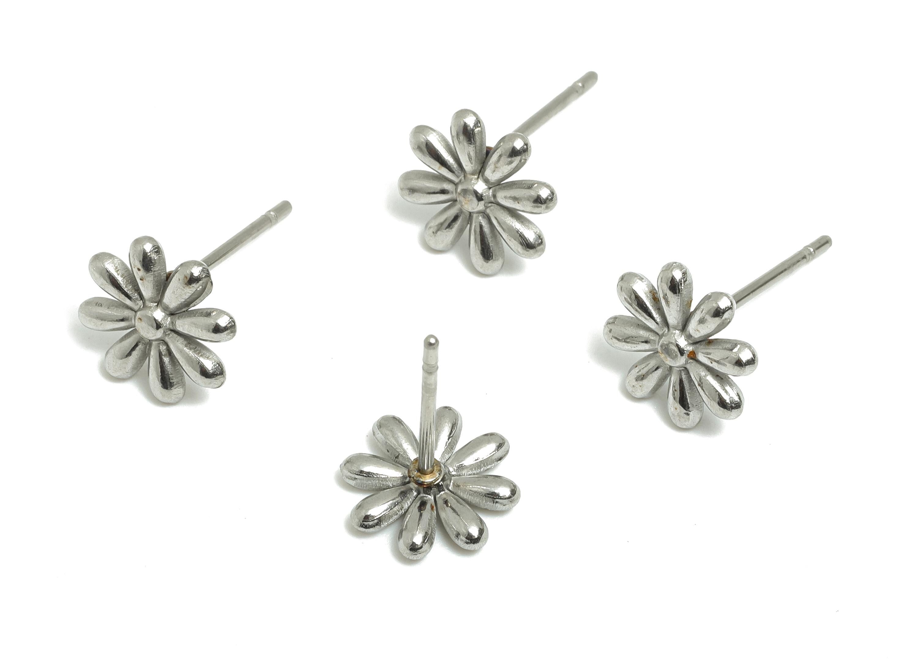 Steel Floral Stud Earring - Steel Flower Daisy Stud Earrings - Botanical Steel Earring Post - Stainless Steel Post - 9x9x1.6mm - SS2721
