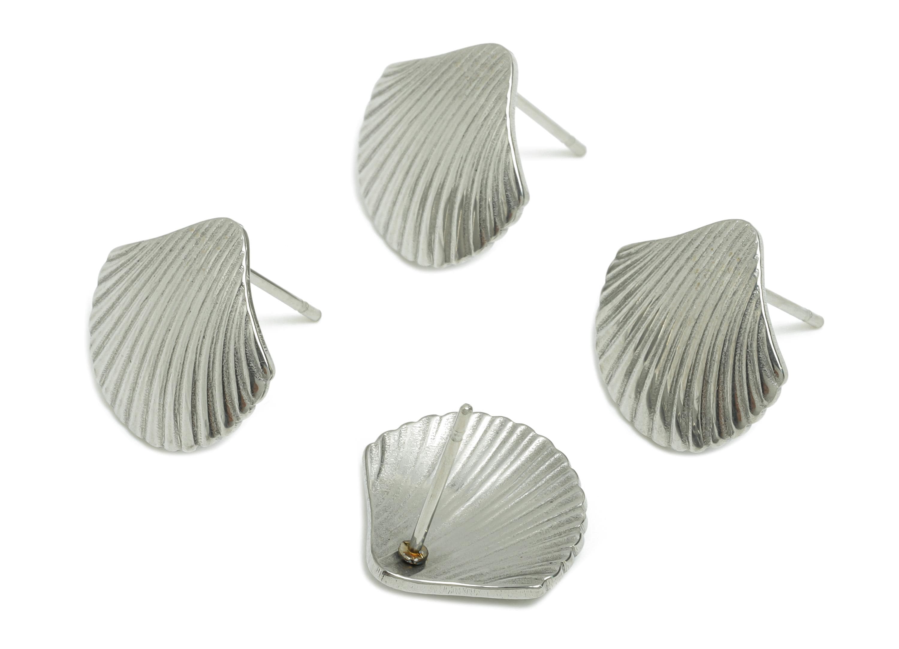Steel Seashell Stud Earring - Steel Textured Beach Shell Jewelry - Steel Marine Life Earring Post - Ocean Inspired Stud - 14x14x1mm - SS2714 - DOMEDBAZAAR