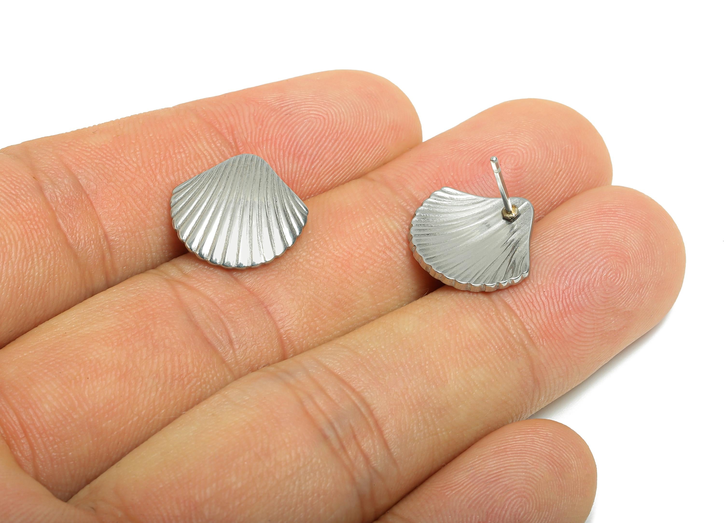 Steel Seashell Stud Earring - Steel Textured Beach Shell Jewelry - Steel Marine Life Earring Post - Ocean Inspired Stud - 14x14x1mm - SS2714 - DOMEDBAZAAR