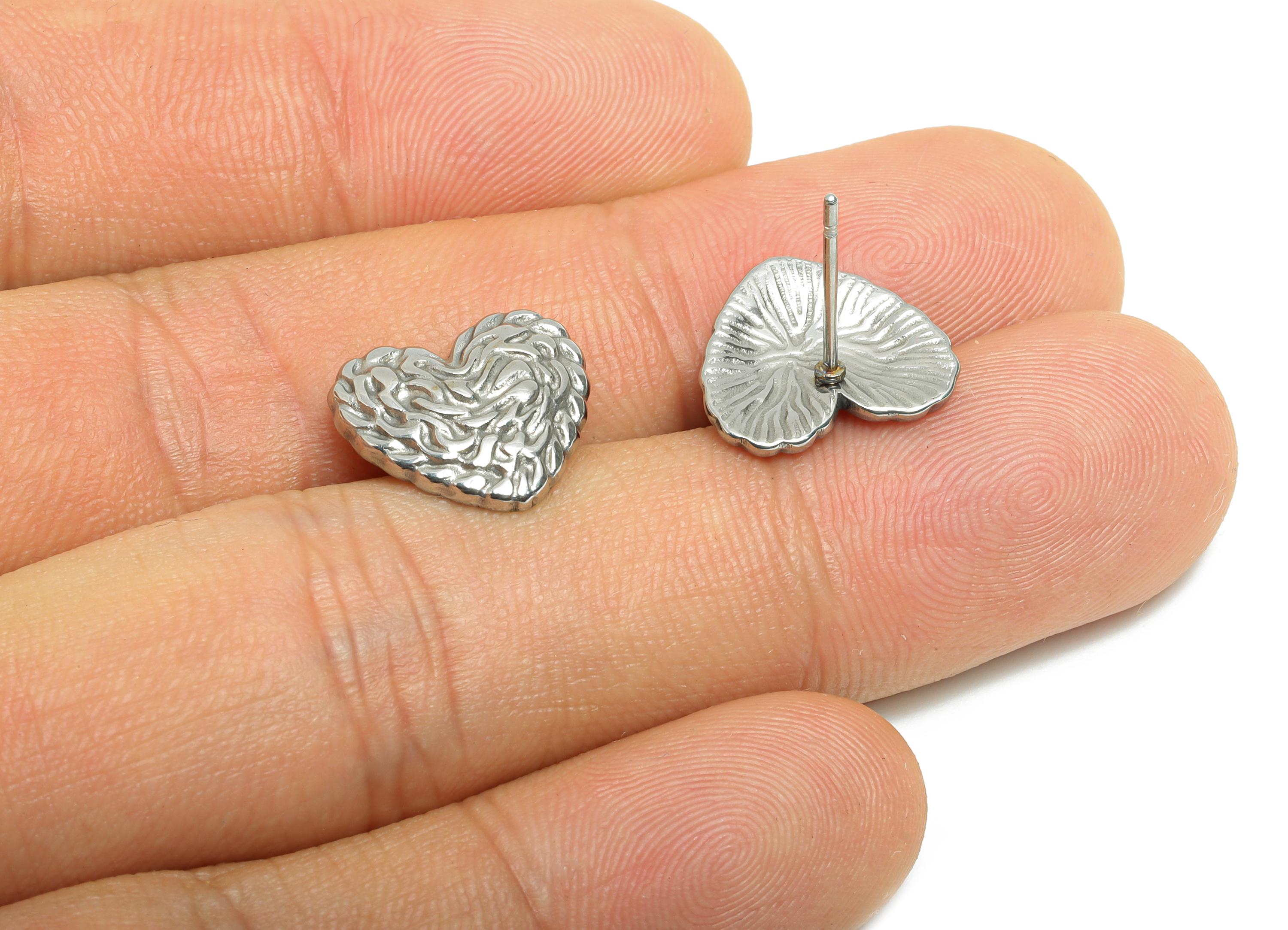 Steel Heart Stud Earring - Steel Textured Romantic Stud Earring - Valentine Jewelry - Steel Post - Minimalist Heart Stud - 14x13x1mm-SS2729 - DOMEDBAZAAR