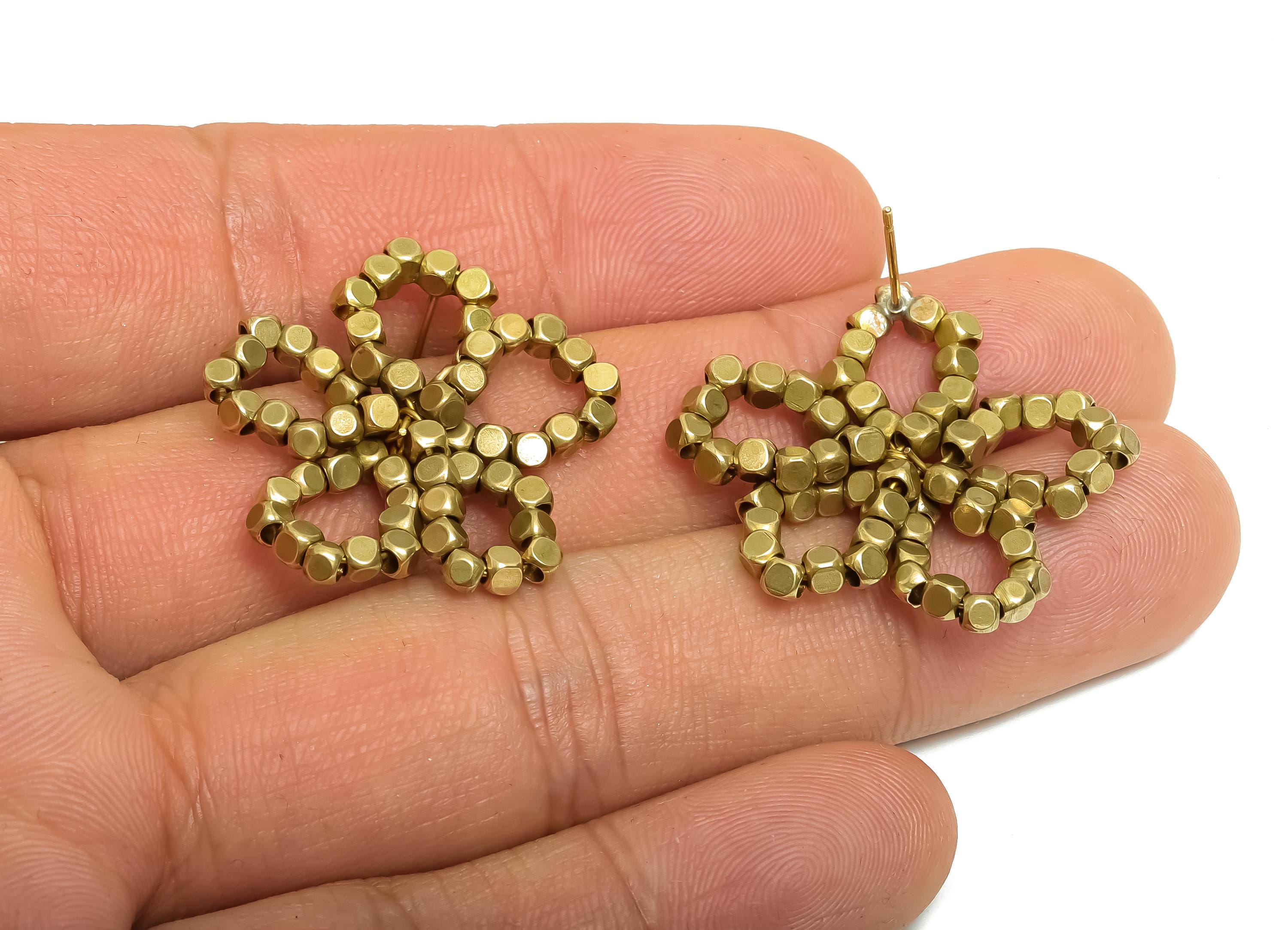 Brass Beaded Floral Earring Post - Raw Brass Bold Flower Earring - Bead Weaving Boho Earring Stud - Everyday Earring - 41x31x2mm - PP11212 - DOMEDBAZAAR