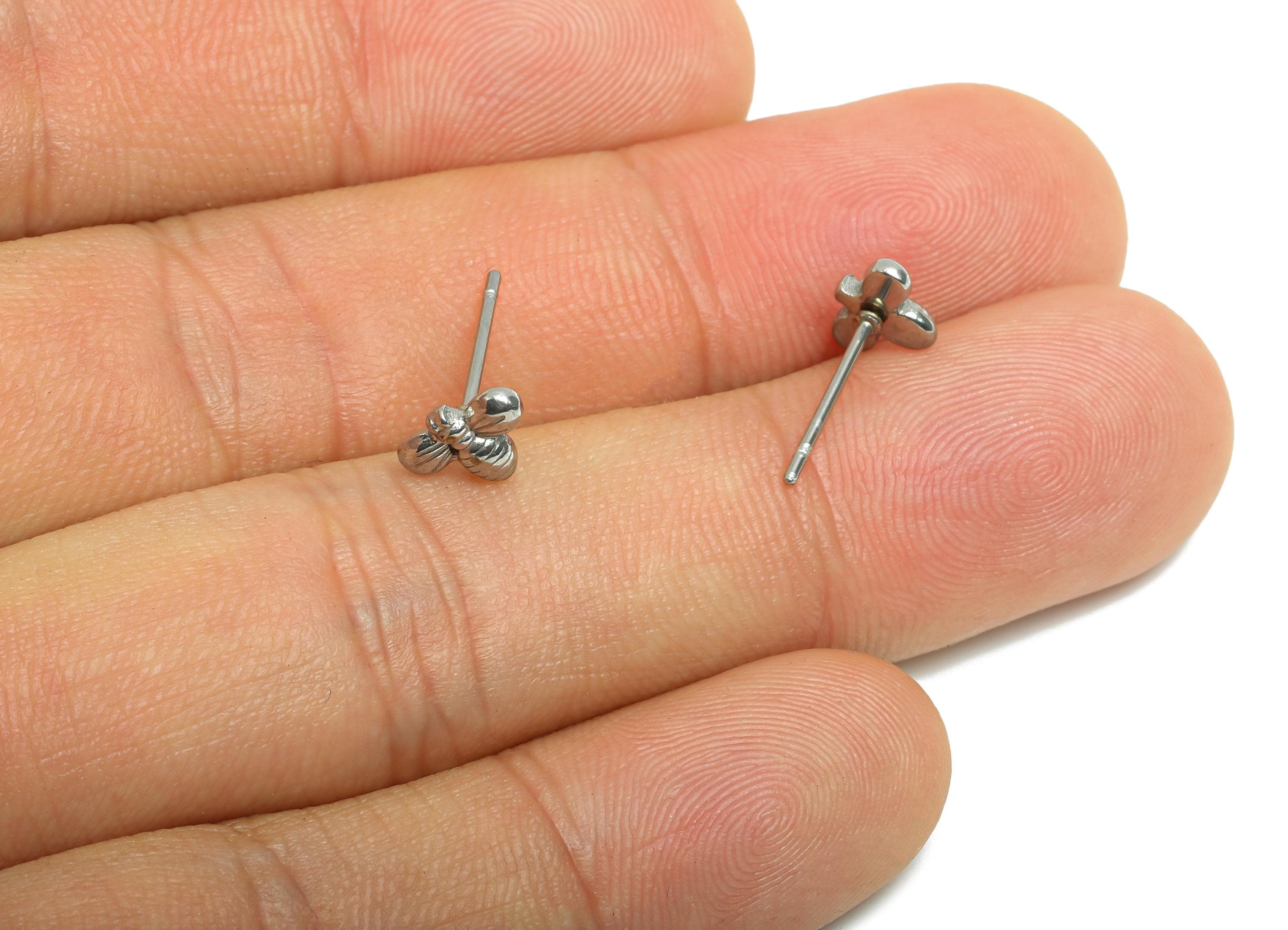 Steel Bee Stud Earring - Steel Tiny Bee Earring Stud - Textured Whimsical Stud Earring - Insect Stainless Steel Post - 10x9x3.44mm - SS2723