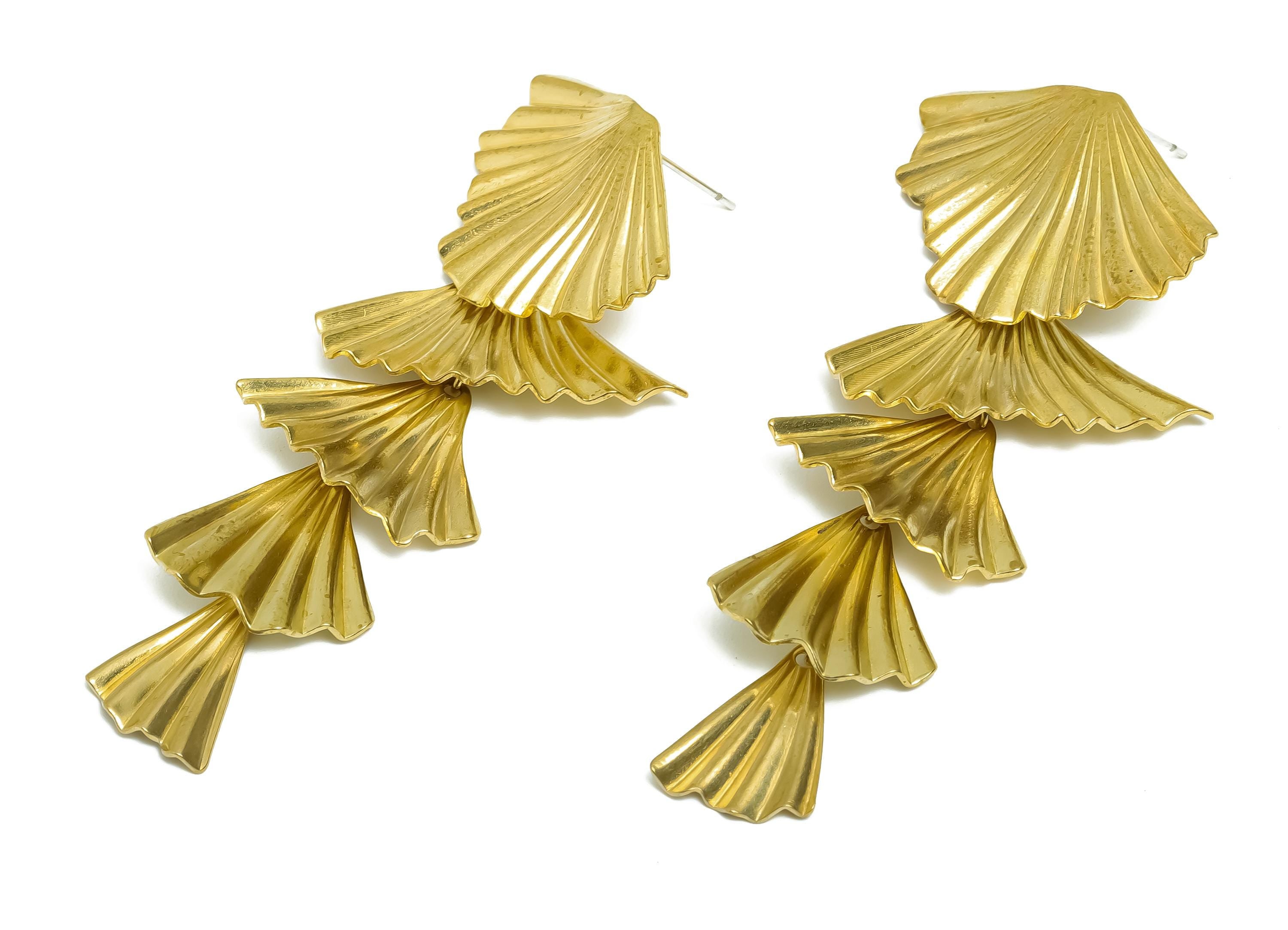 Brass Fan Earring Post - Layered Fan Drop Earring Stud - Sculptural Cascade Earring - Elegant Fan Earrings for Women - 67x30x1mm - PP11237 - DOMEDBAZAAR