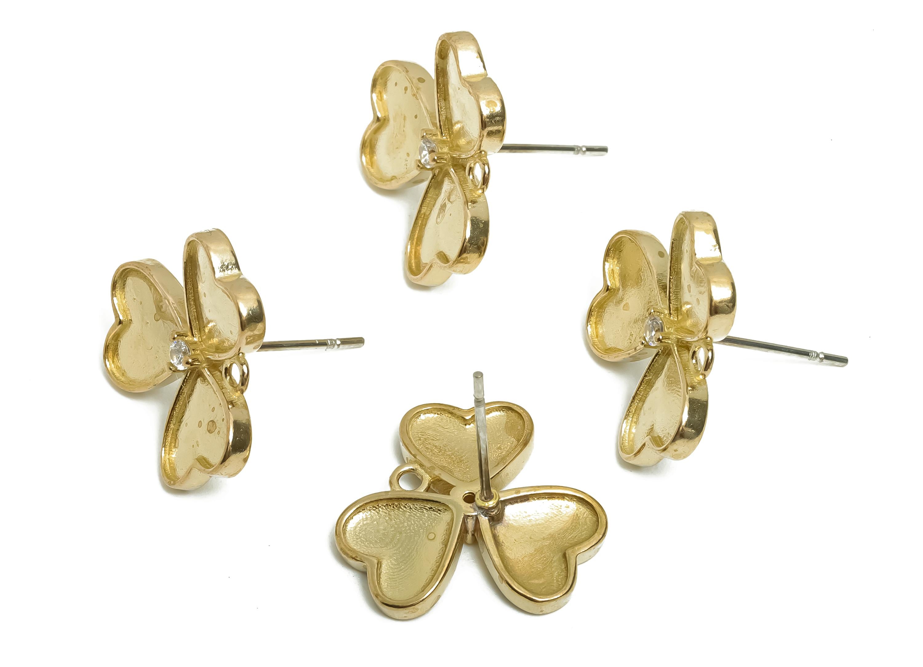 Raw Brass Heart Clover Earring Stud - Mini Clover Heart Earring Post With Loop - Cubic Zircon Heart Earring For DIY - 16x16x1.9mm - PP11227 - DOMEDBAZAAR