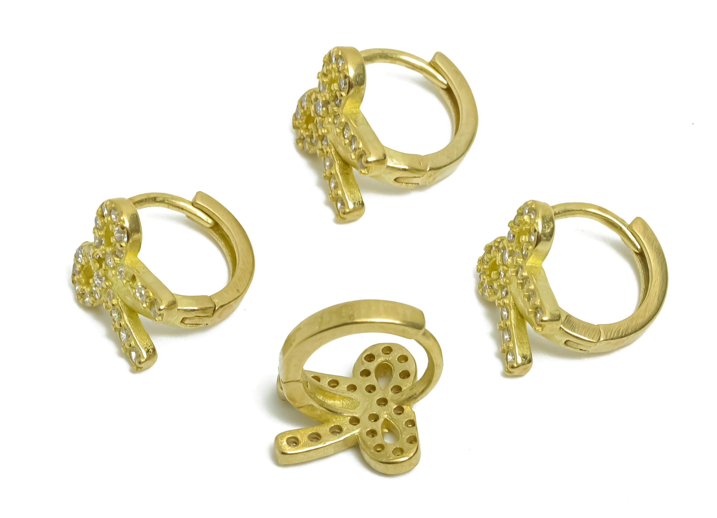 Brass CZ Bow Huggie Hoop Earring - Cute Raw Brass Bow Zircon Earring - Dainty Huggie Hoop Clasp - Jewelry Finding - 10.2x9.3x8.7mm - PP11354 - DOMEDBAZAAR