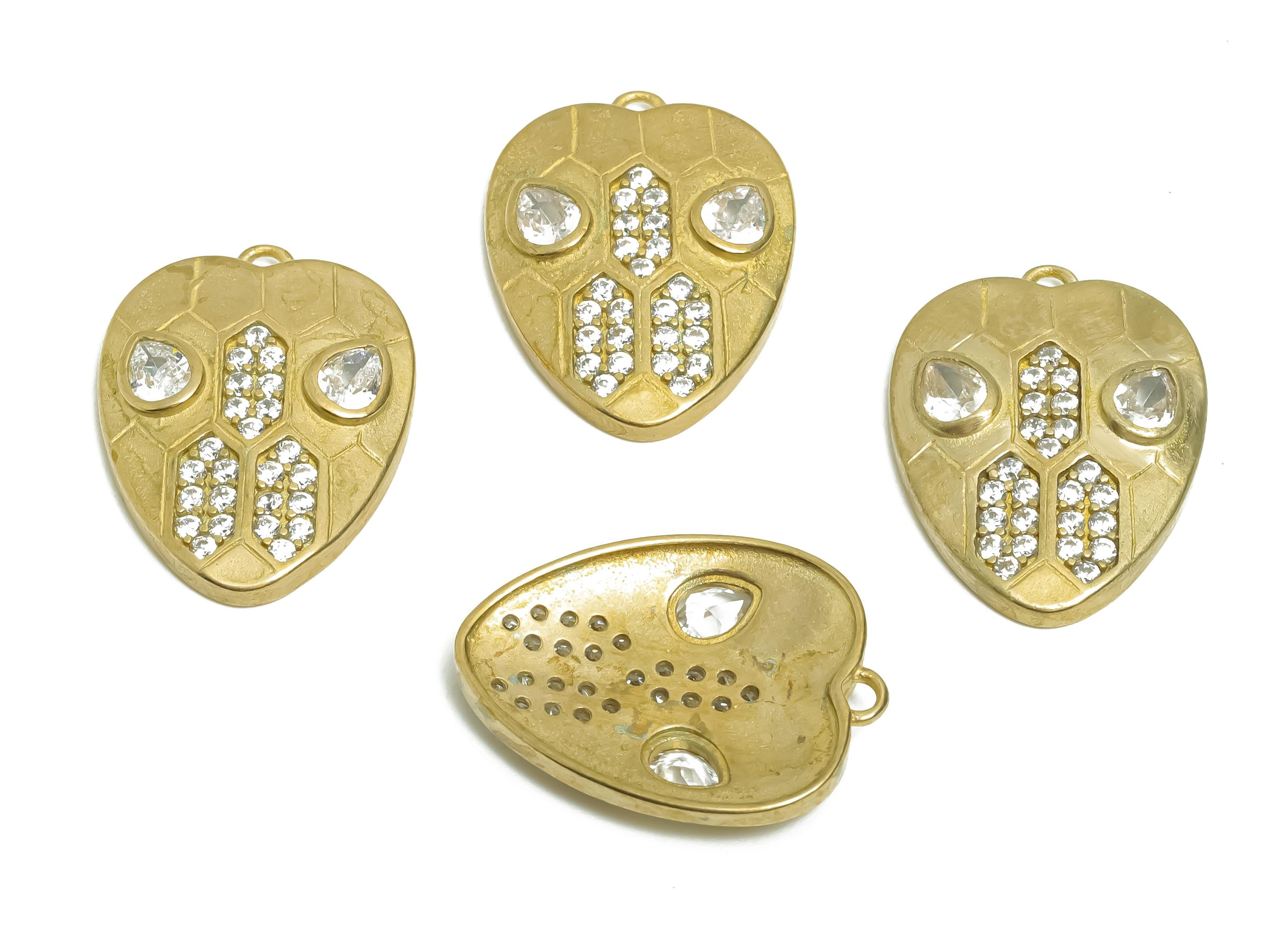 Raw Brass CZ Heart Earring Charm - Brass Teardrop Rhinestone Pendant - Bold Heart Reptile Pendant with Cubic Zircon - 41x31x2mm - PP11389 - DOMEDBAZAAR