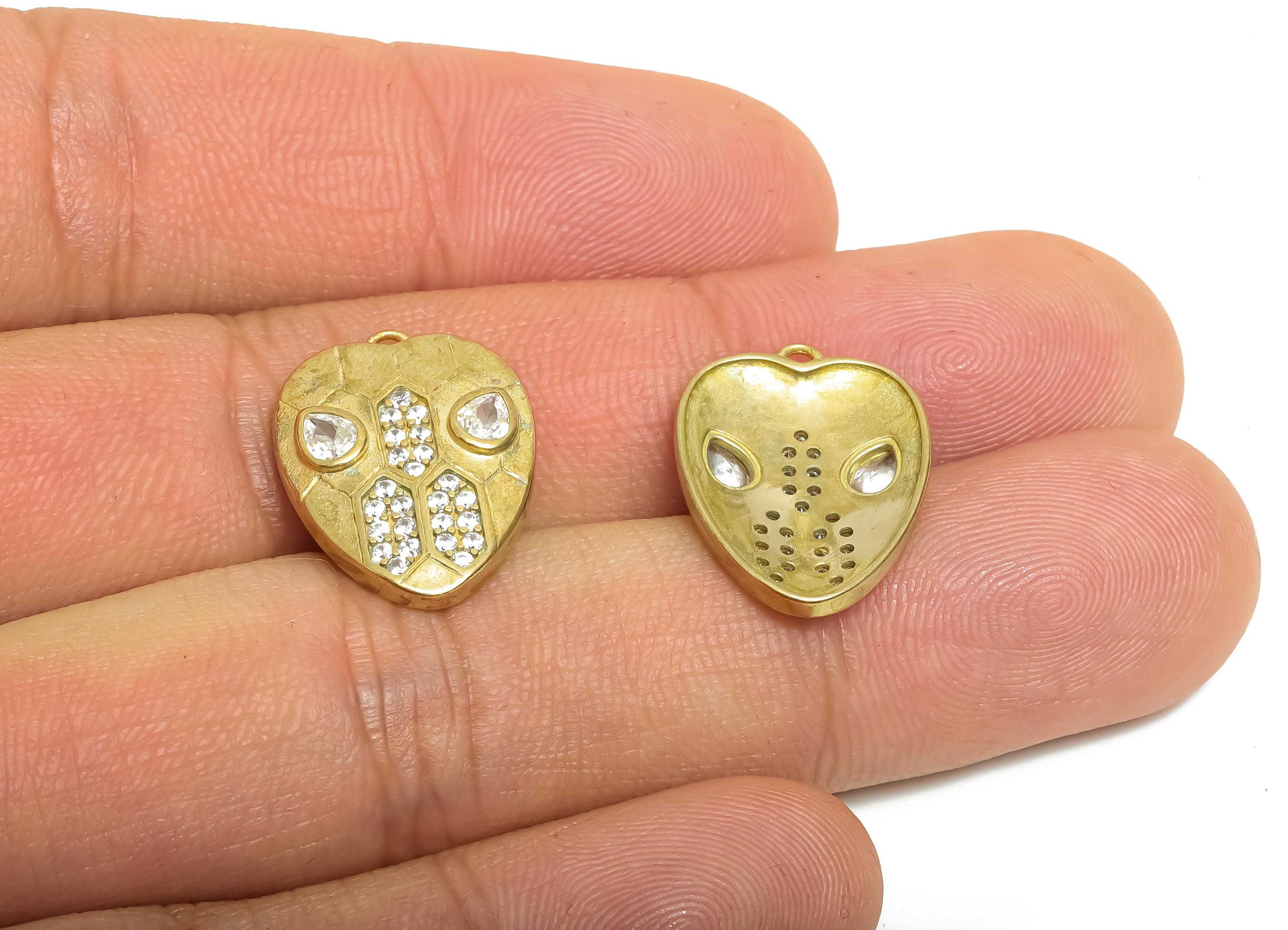 Raw Brass CZ Heart Earring Charm - Brass Teardrop Rhinestone Pendant - Bold Heart Reptile Pendant with Cubic Zircon - 41x31x2mm - PP11389 - DOMEDBAZAAR