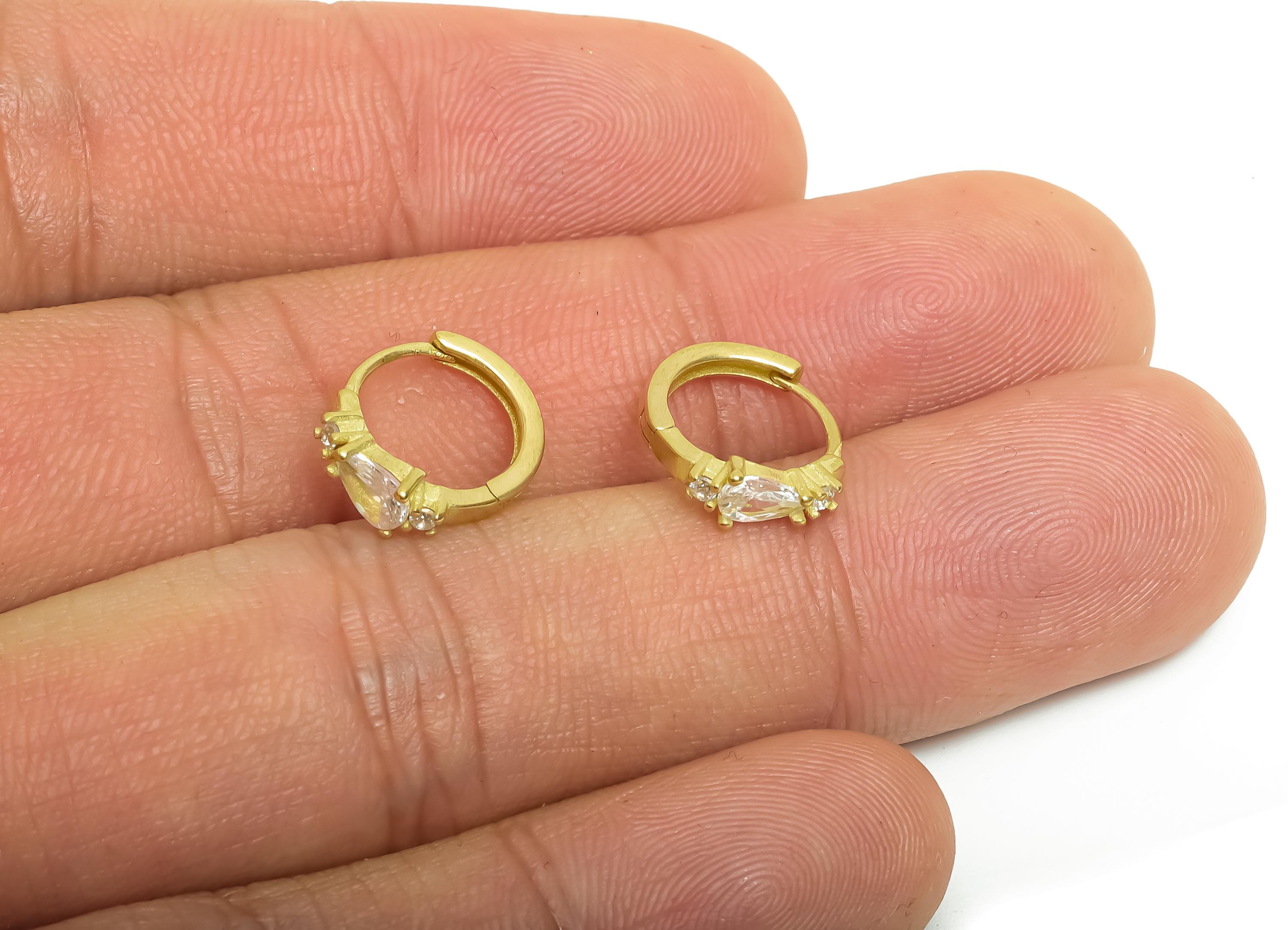 Brass CZ Huggie Hoop Earring - Raw Brass Teardrop Zircon Earring - Refined Huggie Hoop Clasp - Jewelry Finding - 12.8x12.3x3.53mm - PP11352 - DOMEDBAZAAR