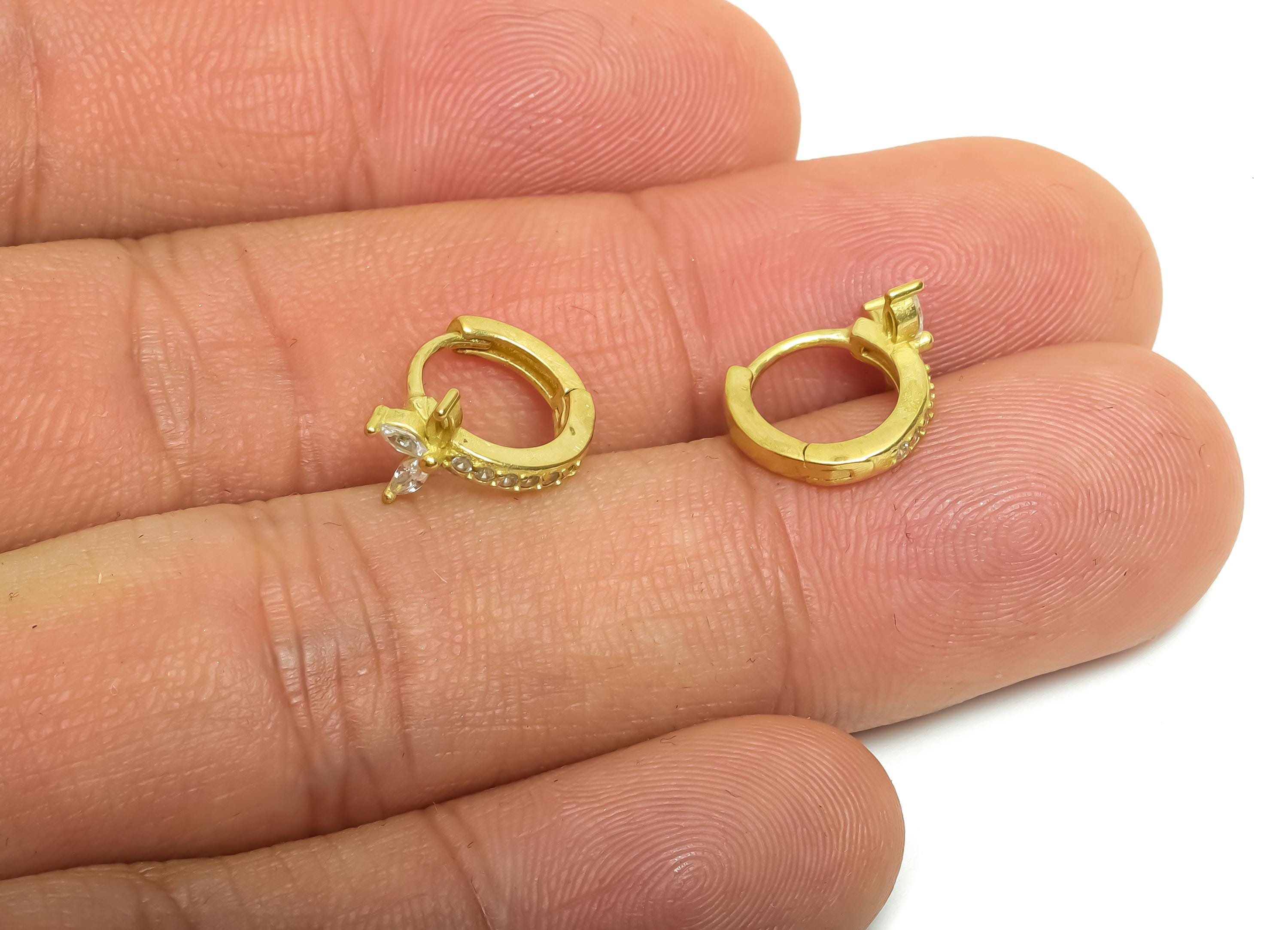 Brass CZ Huggie Hoop Earrings - Mini Raw Brass Marquise Zircon Earrings - Delicate Floral Huggie Hoop Clasps - 12.3x10.3x7.62mm - PP11328 - DOMEDBAZAAR