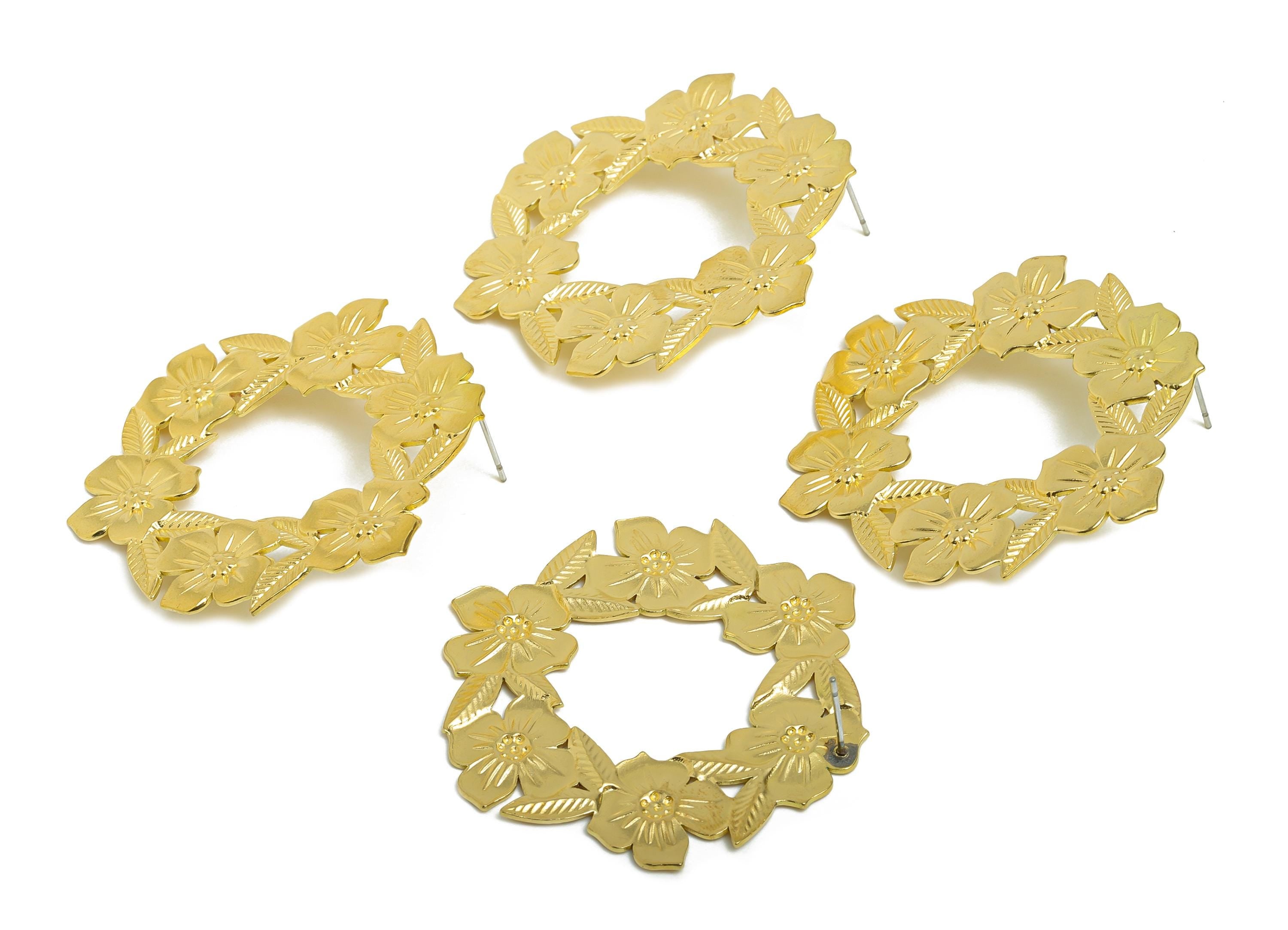 Brass Floral Hoop Earring Post - Gold Flower Cutout Earring Stud - Botanical Jewelry - Lightweight Floral Earring Stud - 47x44x1mm - PP11078 - DOMEDBAZAAR