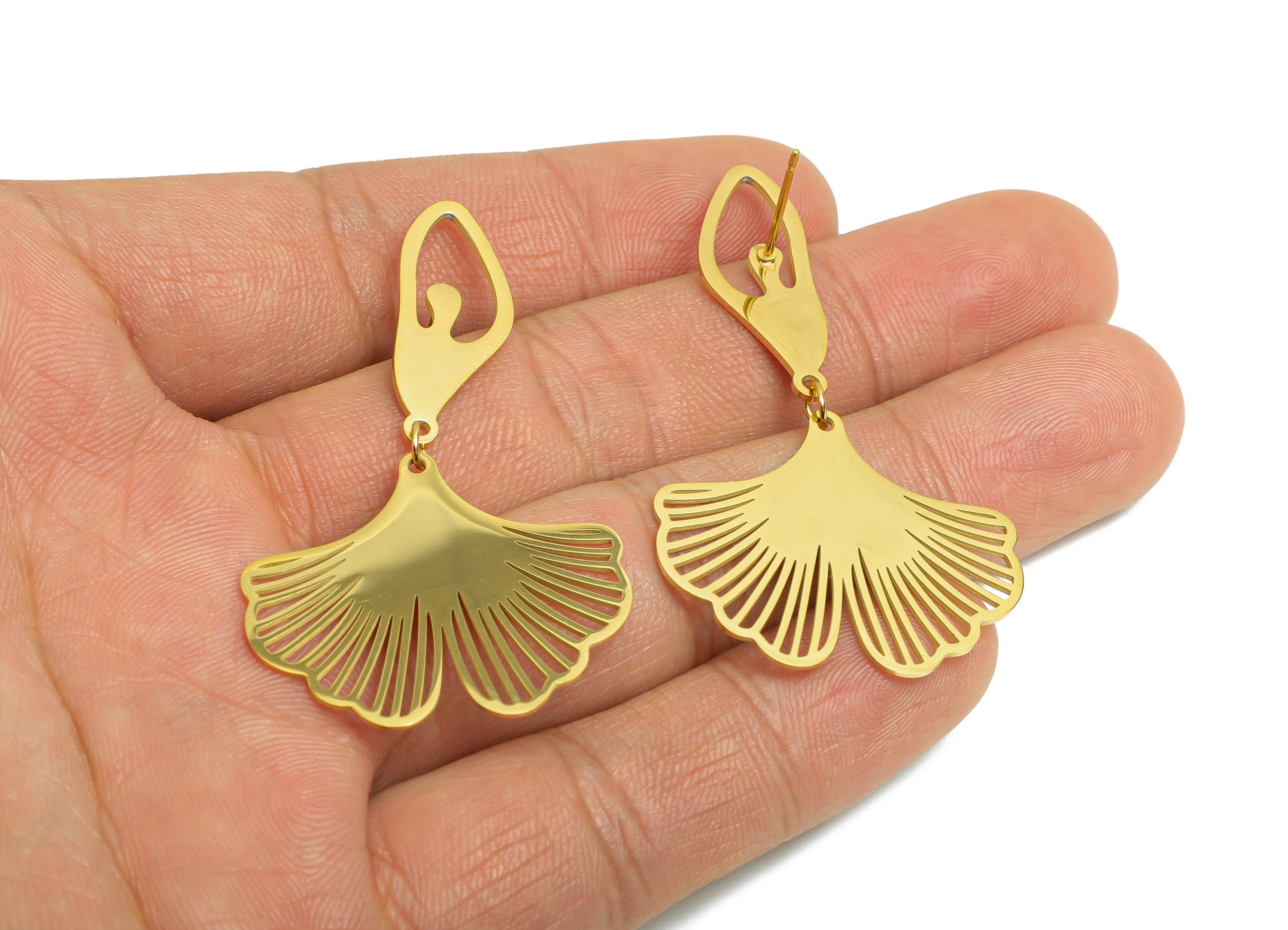 Steel Ginkgo Leaf Earring Stud - Fan Leaf Dangle Earring Post - Laser Cut Ginkgo Biloba Jewelry - Vacuum Gold Plating - 63x7x5.3mm - SS2240 - DOMEDBAZAAR