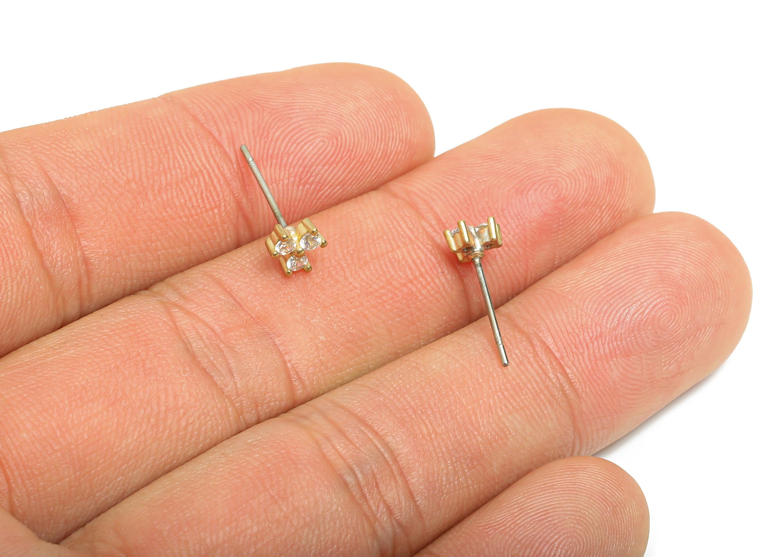 Brass Tiny CZ Stud Earring - Raw Brass Dainty Cubic Zirconia Cluster Stud - Minimalist Triple Gem Earring - Sparkle Stud - 5x5x2mm-PP11243 - DOMEDBAZAAR