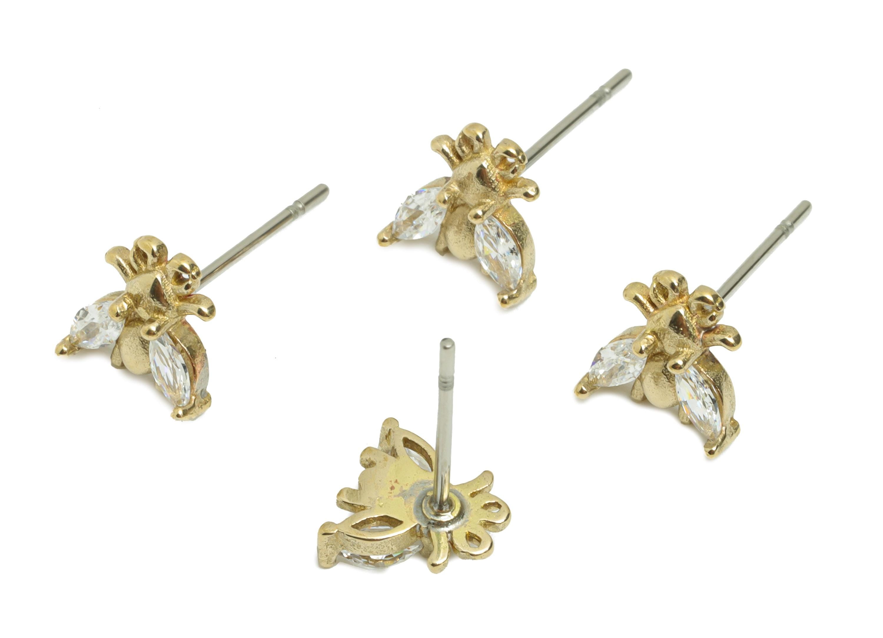 Brass Bee CZ Stud Earring - Raw Brass Dainty Marquise Cubic Zirconia Stud - Minimalist Insect Earring - Sparkle Stud - 7x7x2.5mm - PP11387 - DOMEDBAZAAR