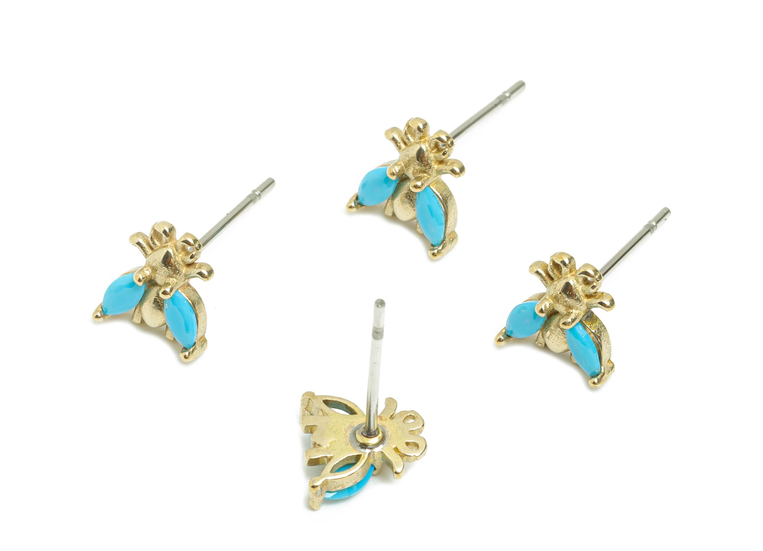 Brass Bee Blue Turquoise Stud Earring - Raw Brass Dainty Marquise Cubic Zirconia Stud - Minimalist Insect Earring - 7x7x2.5mm - PP11386 - DOMEDBAZAAR