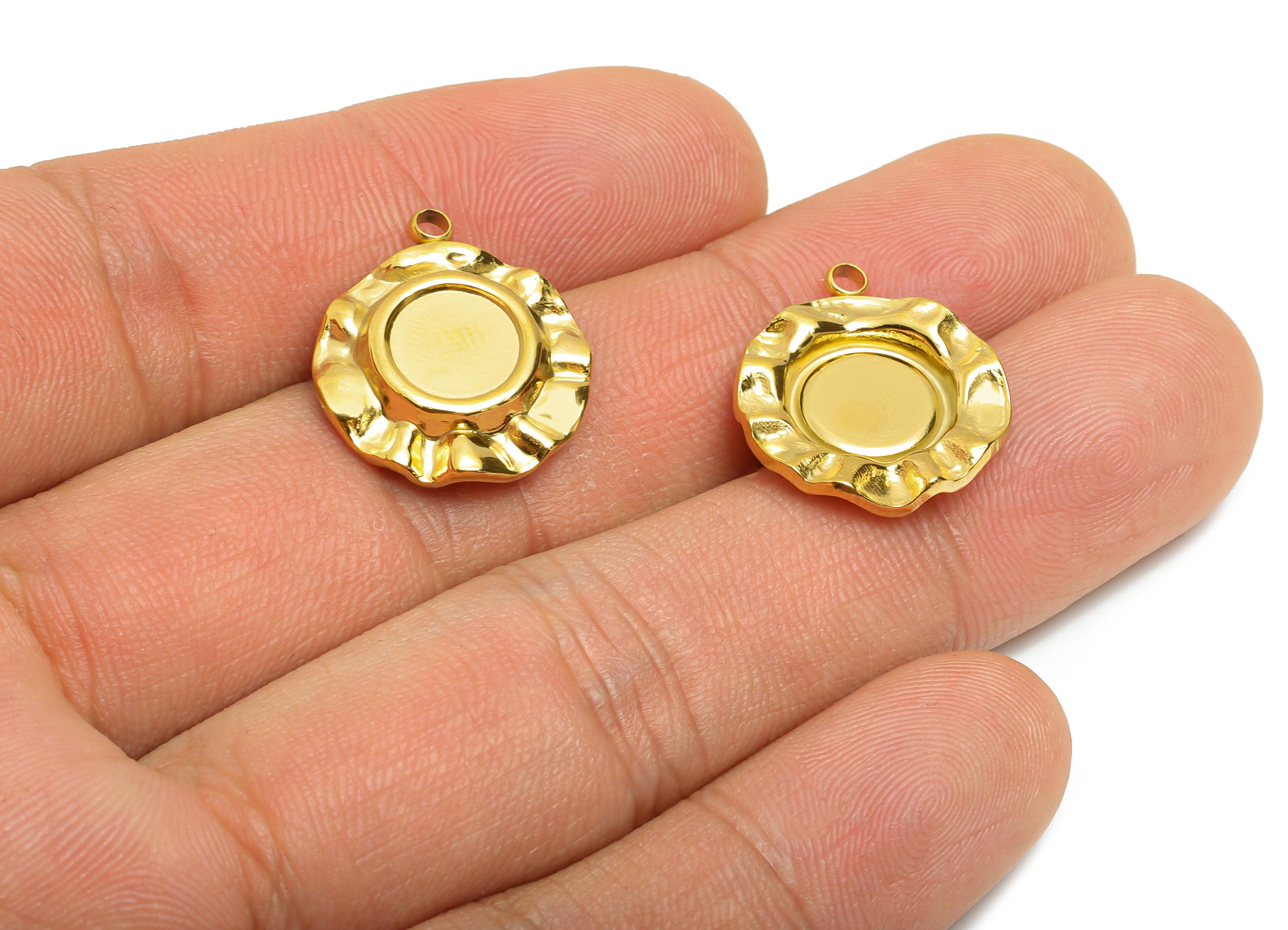 Steel Floral Pendant - Round Ruffled Pendant for Necklace - Antique Celestial Charm - 18K Real Vacuum Plated - 19.97x17.14x3.39mm - SS2206G - DOMEDBAZAAR