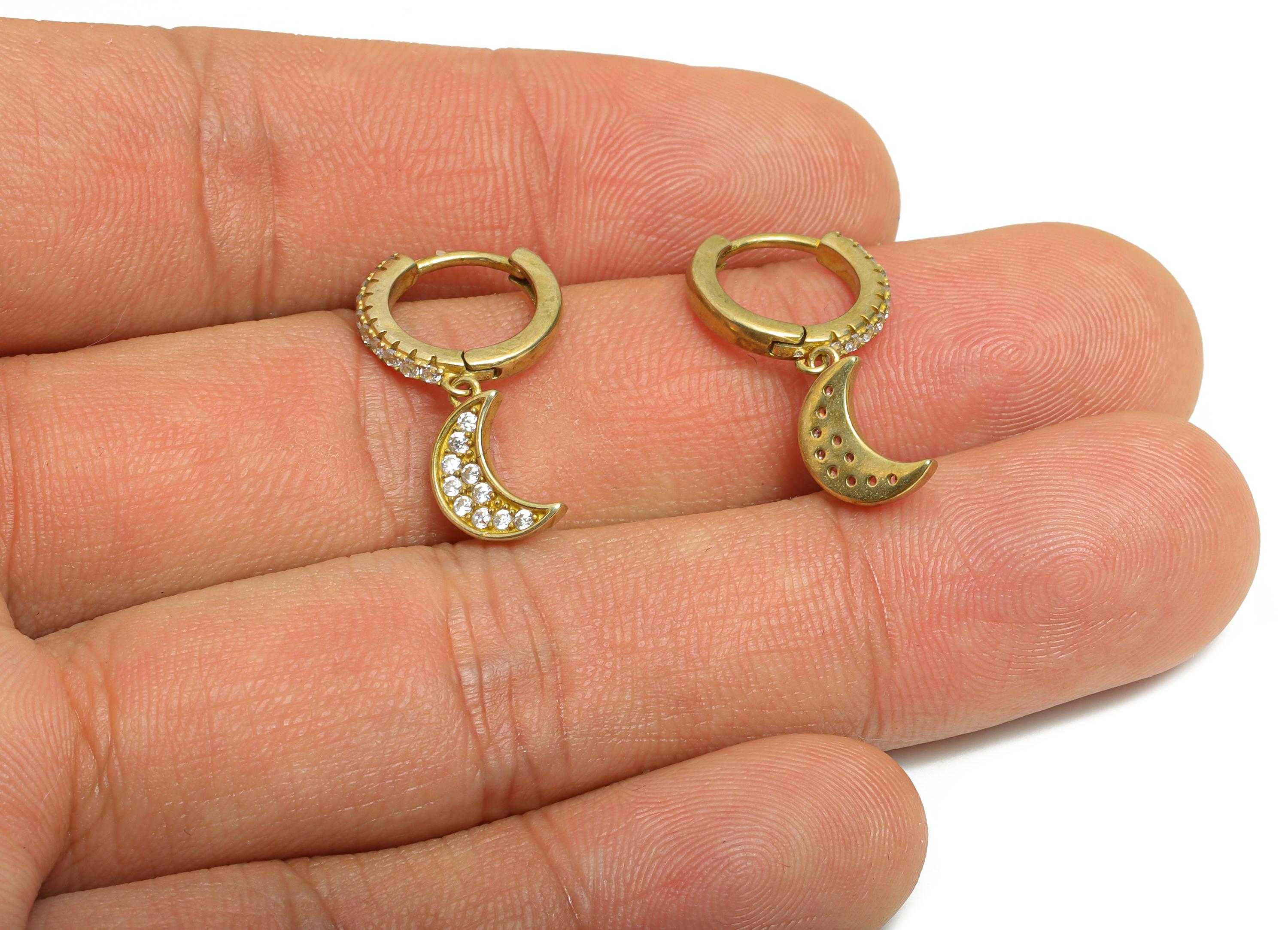 Brass Dangle Crescent Huggie Hoop Earring - Raw Brass CZ Moon Earring - Celestial Huggie Hoop Clasp - Jewelry Finding - 22x12x1.8mm -PP11228 - DOMEDBAZAAR