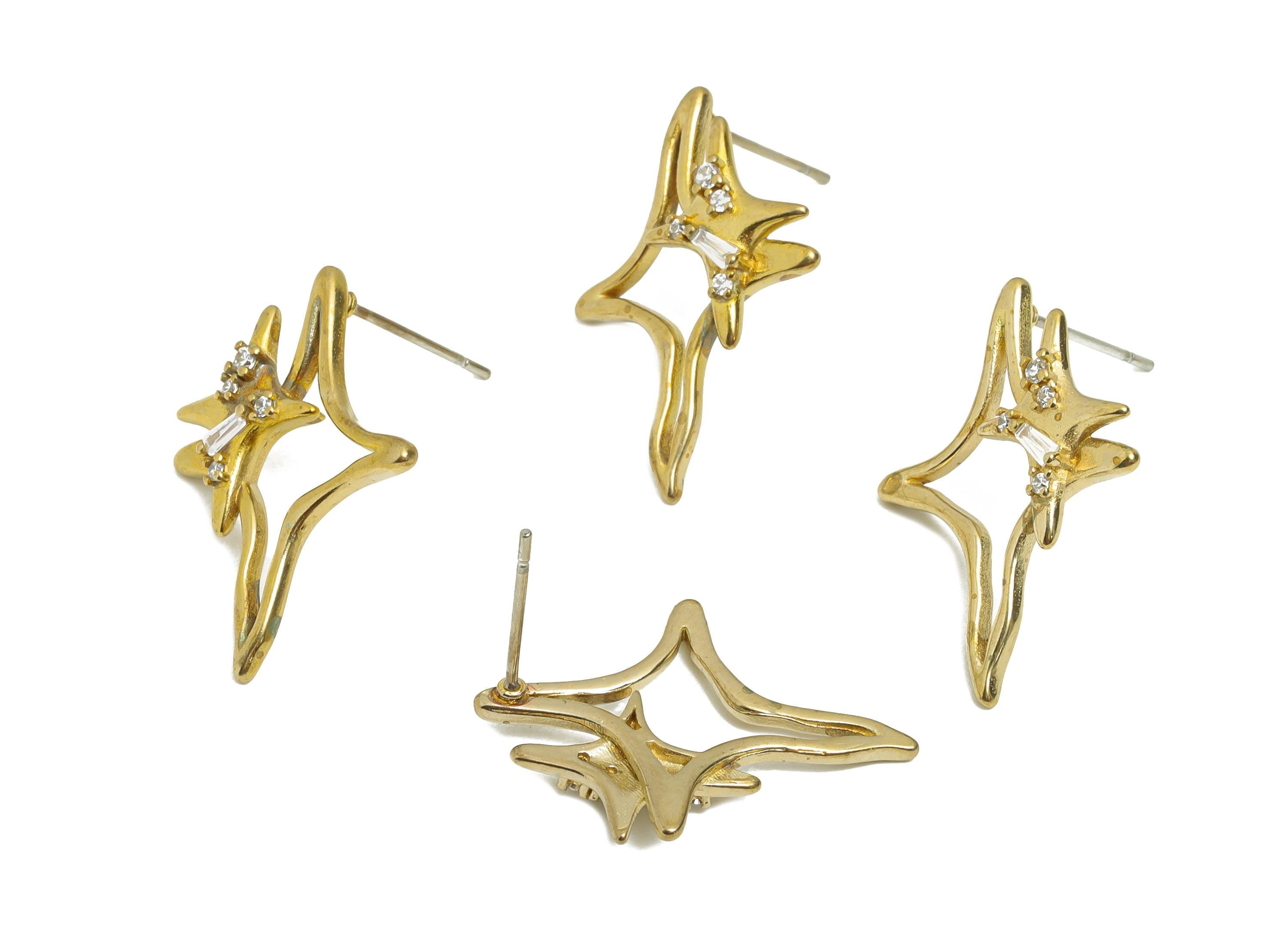 Brass Star CZ Stud Earring - Raw Brass Dainty Double Star Cubic Zirconia Stud - Minimalist Earring - Sparkle Stud - 7x7x2.5mm - PP11383 - DOMEDBAZAAR