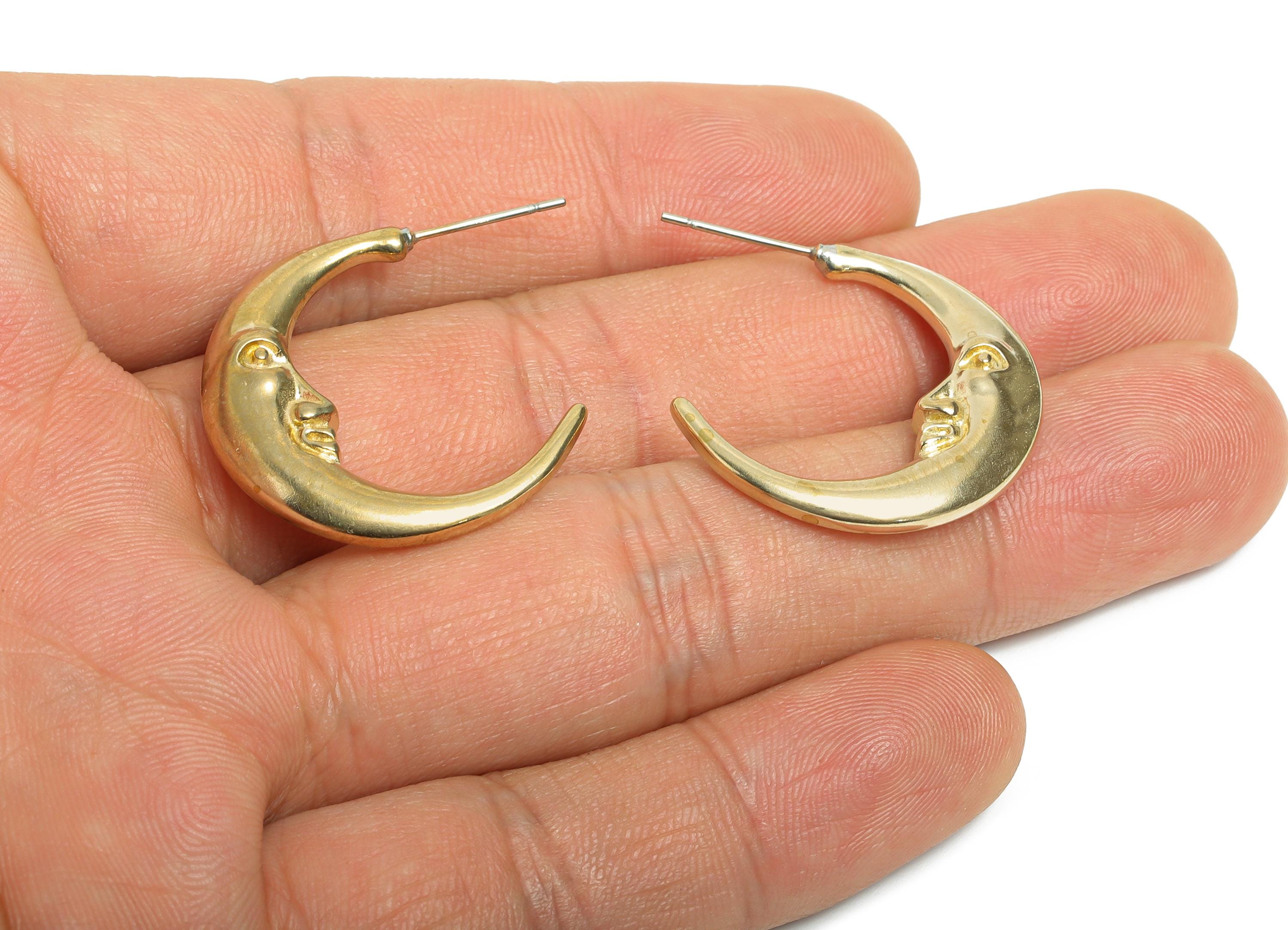 Brass Crescent Moon Face Earring Stud - Raw Brass Celestial Moon Stud - Brass Vintage Lunar Face Crescent Jewelry - 7x5x1mm - PP11225 - DOMEDBAZAAR