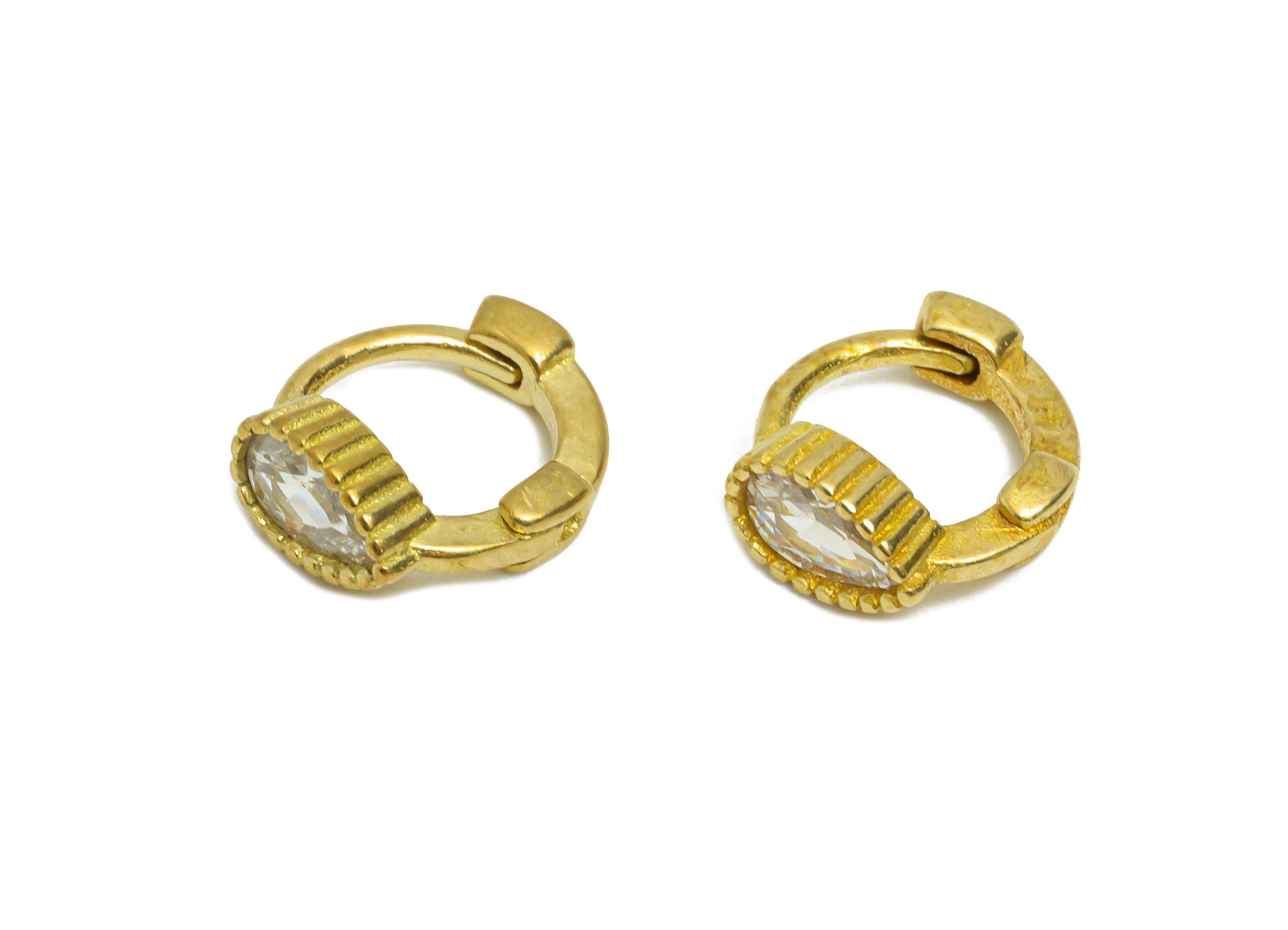 Brass CZ Round Huggie Hoop Earring - Tiny Raw Brass Drop Zircon Earring - Textured Huggie Hoop Clasp - Jewelry Finding - 9x8x4mm - PP11265 - DOMEDBAZAAR