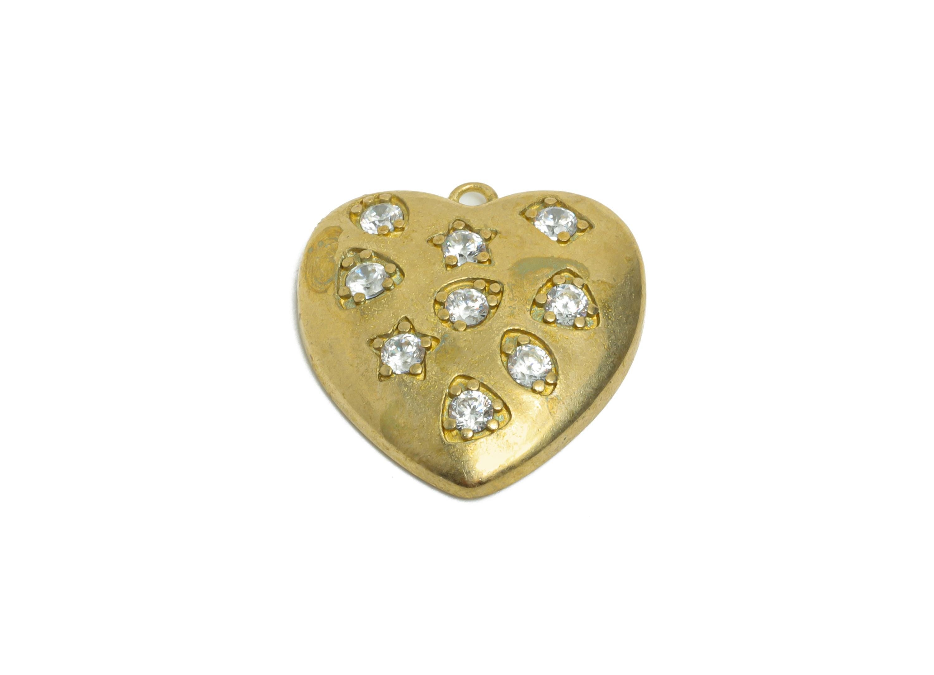 Brass Heart Pendant - Raw Brass Star Necklace Charm with Zircon - DIY Jewelry Heart Charm - for Bracelet or Necklace - 19x16x2mm -PP11388 - DOMEDBAZAAR