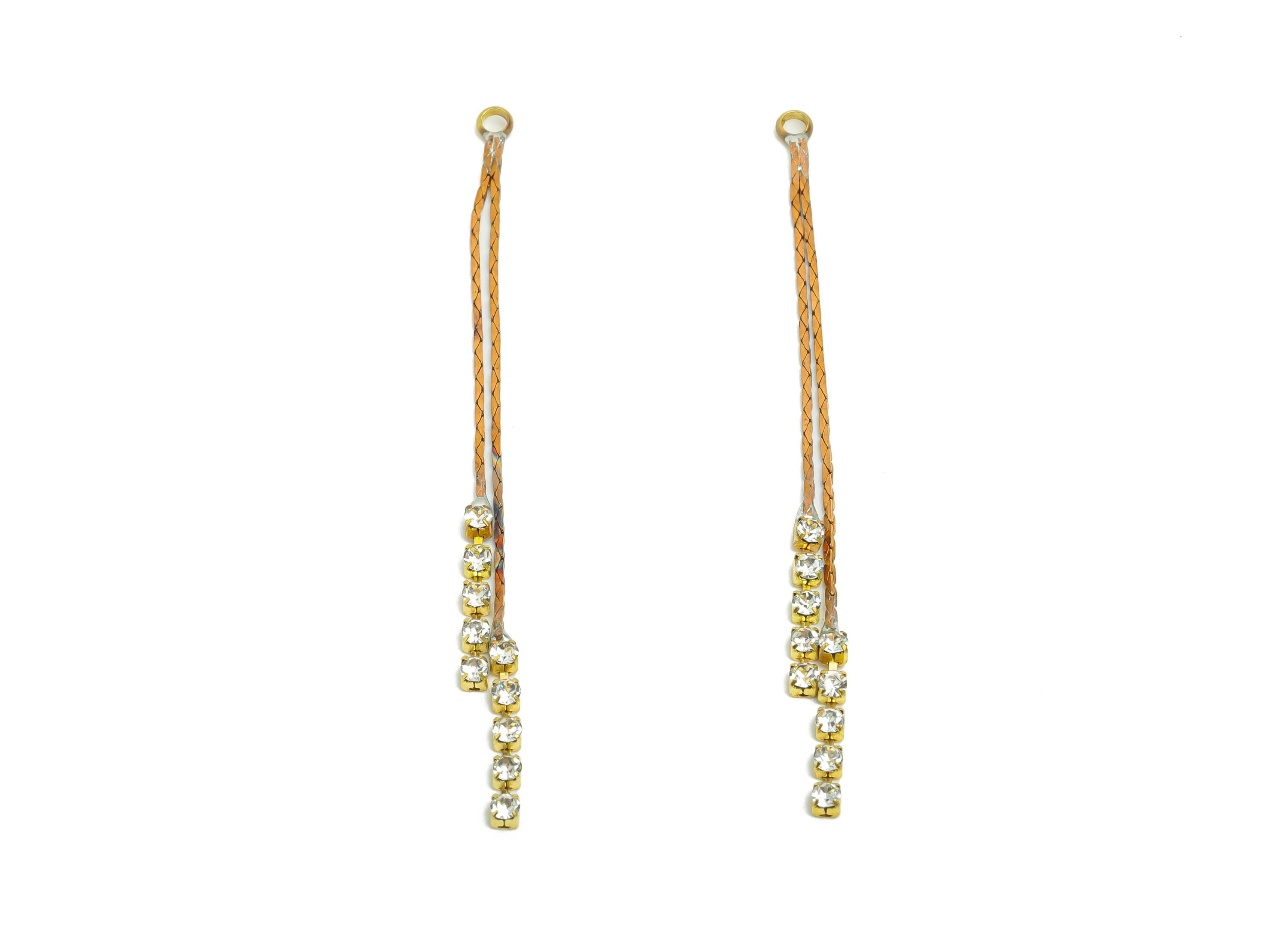 Brass Chain Dangle Charm - Raw Brass Braided Cord with Crystal Chain Pendant - Brass Sparkly Drop Charm for Necklace - 102x12x1mm - PP11399 - DOMEDBAZAAR