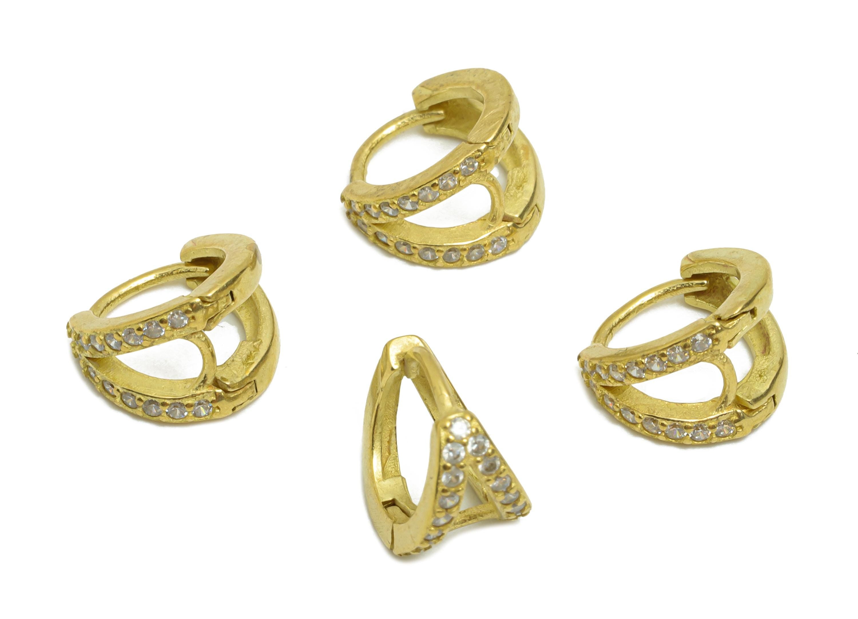 Brass CZ Round Huggie Hoop Earring - Tiny Raw Brass Double Hoop Zircon Earrings - Minimalist Huggie Hoop Clasps - 9.17x8.21x6.27mm - PP11317