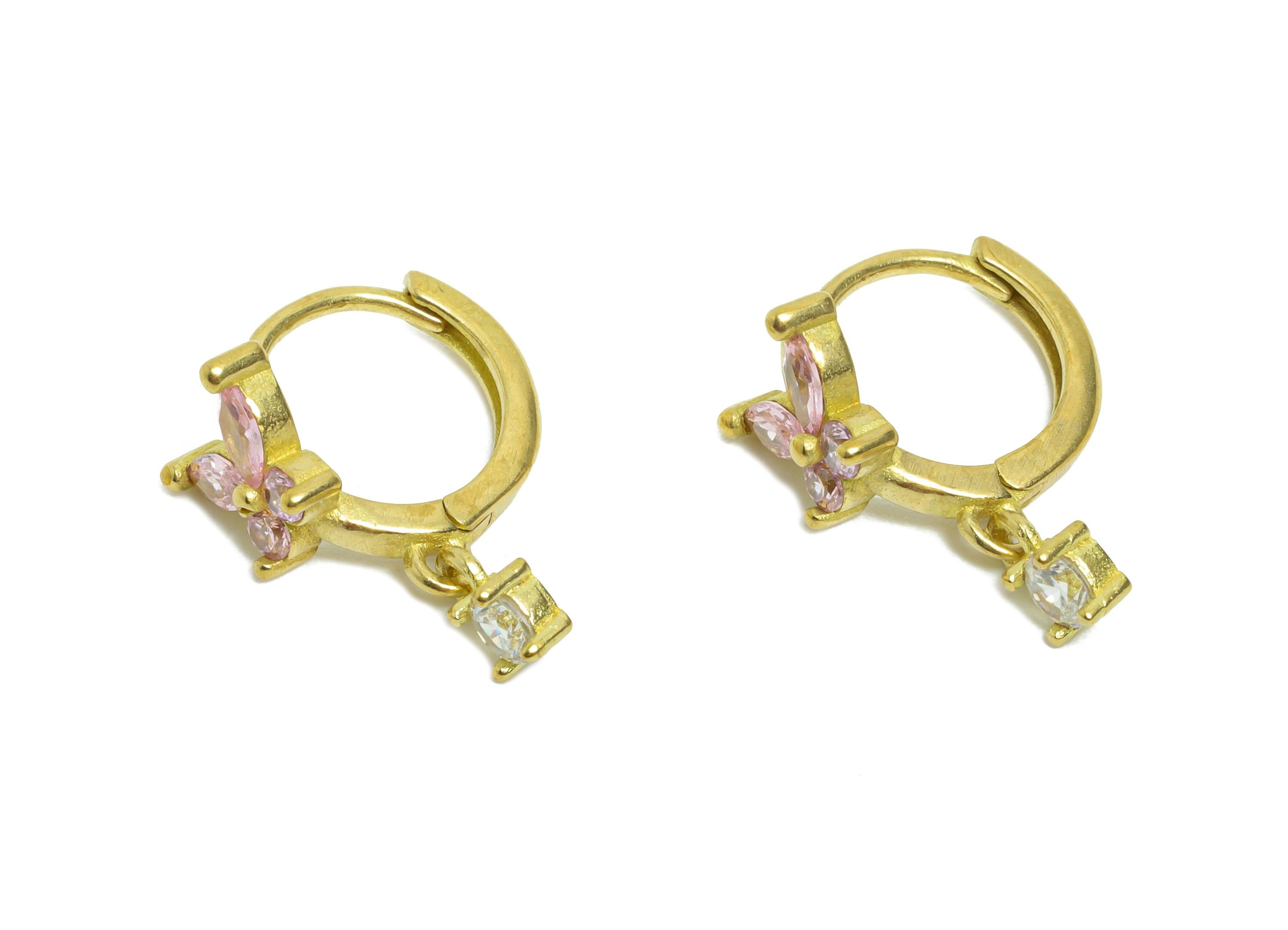 Brass CZ Dangle Huggie Hoop Earring - Raw Brass Butterfly Zircon Earring - Chic Huggie Hoop Clasp - Earring Finding - 12.7x12x7.5mm -PP11275 - DOMEDBAZAAR