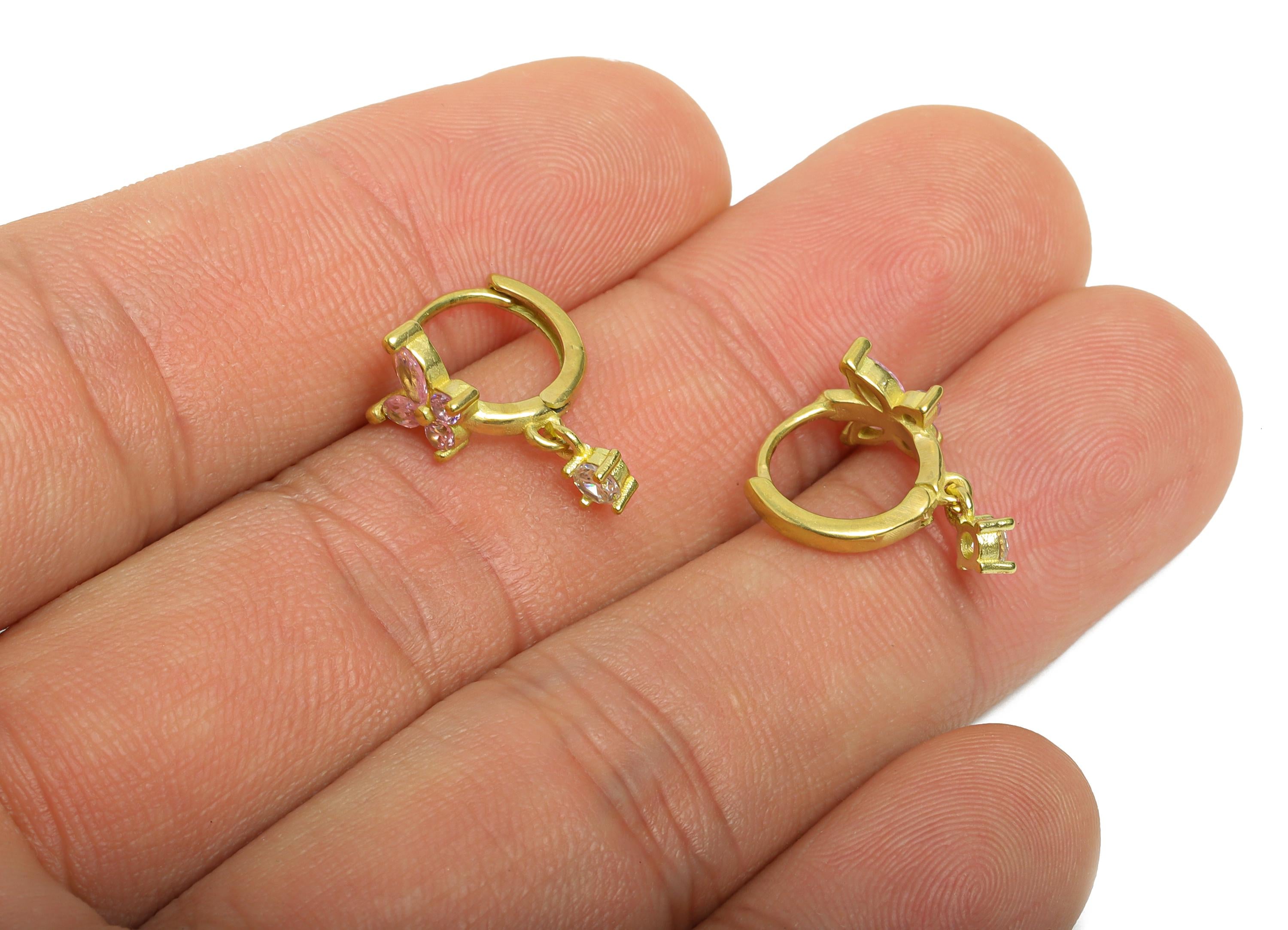 Brass CZ Dangle Huggie Hoop Earring - Raw Brass Butterfly Zircon Earring - Chic Huggie Hoop Clasp - Earring Finding - 12.7x12x7.5mm -PP11275 - DOMEDBAZAAR