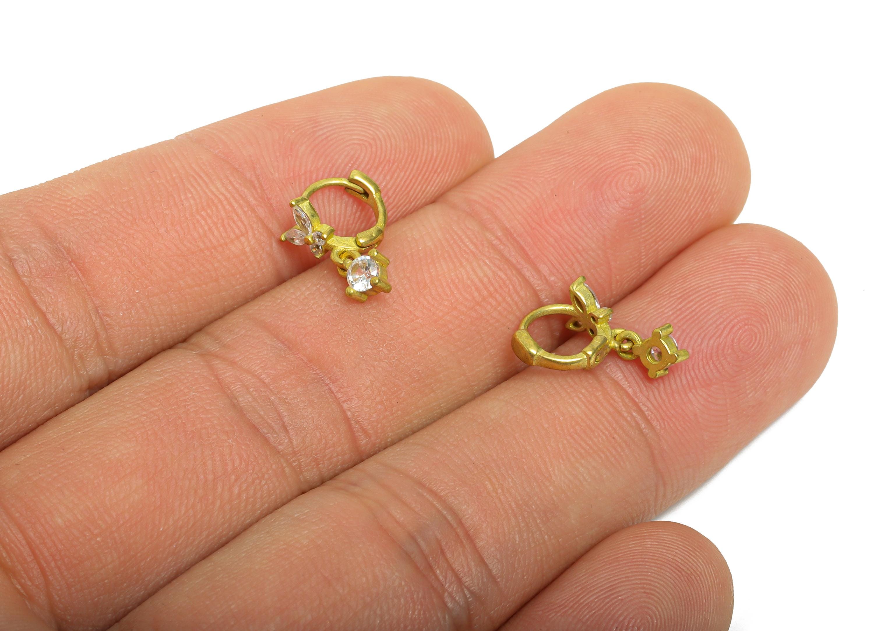 Brass CZ Dangle Huggie Hoop Earrings - Tiny Raw Brass Butterfly Zircon Earrings - Delicate Huggie Hoop Clasp - 9.63x7.68x5mm - PP11341 - DOMEDBAZAAR