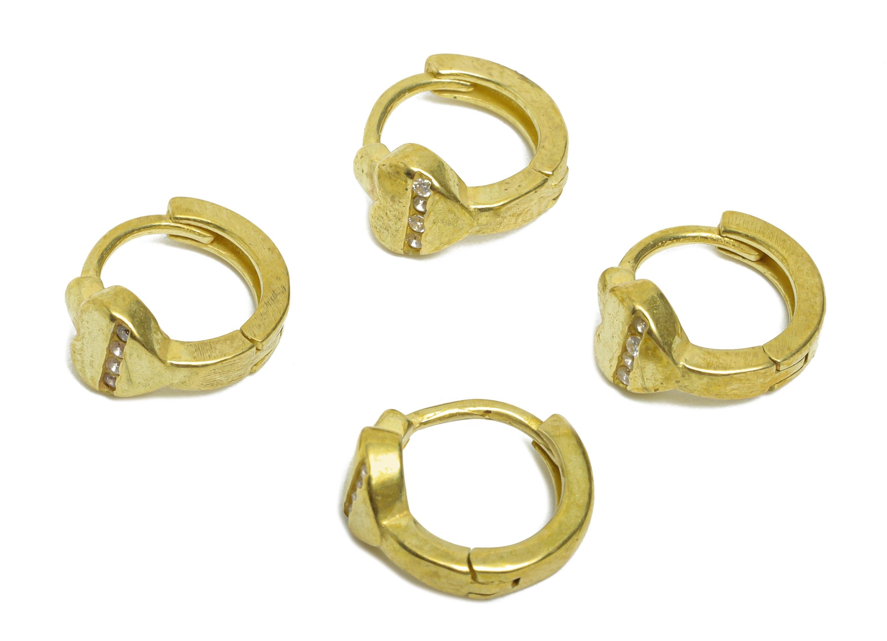 Brass CZ Huggie Hoop Earrings - Raw Brass Everyday Heart Zircon Earrings - Minimalist Brass Huggie Hoop Clasps - 12x10x5.88mm - PP11334 - DOMEDBAZAAR