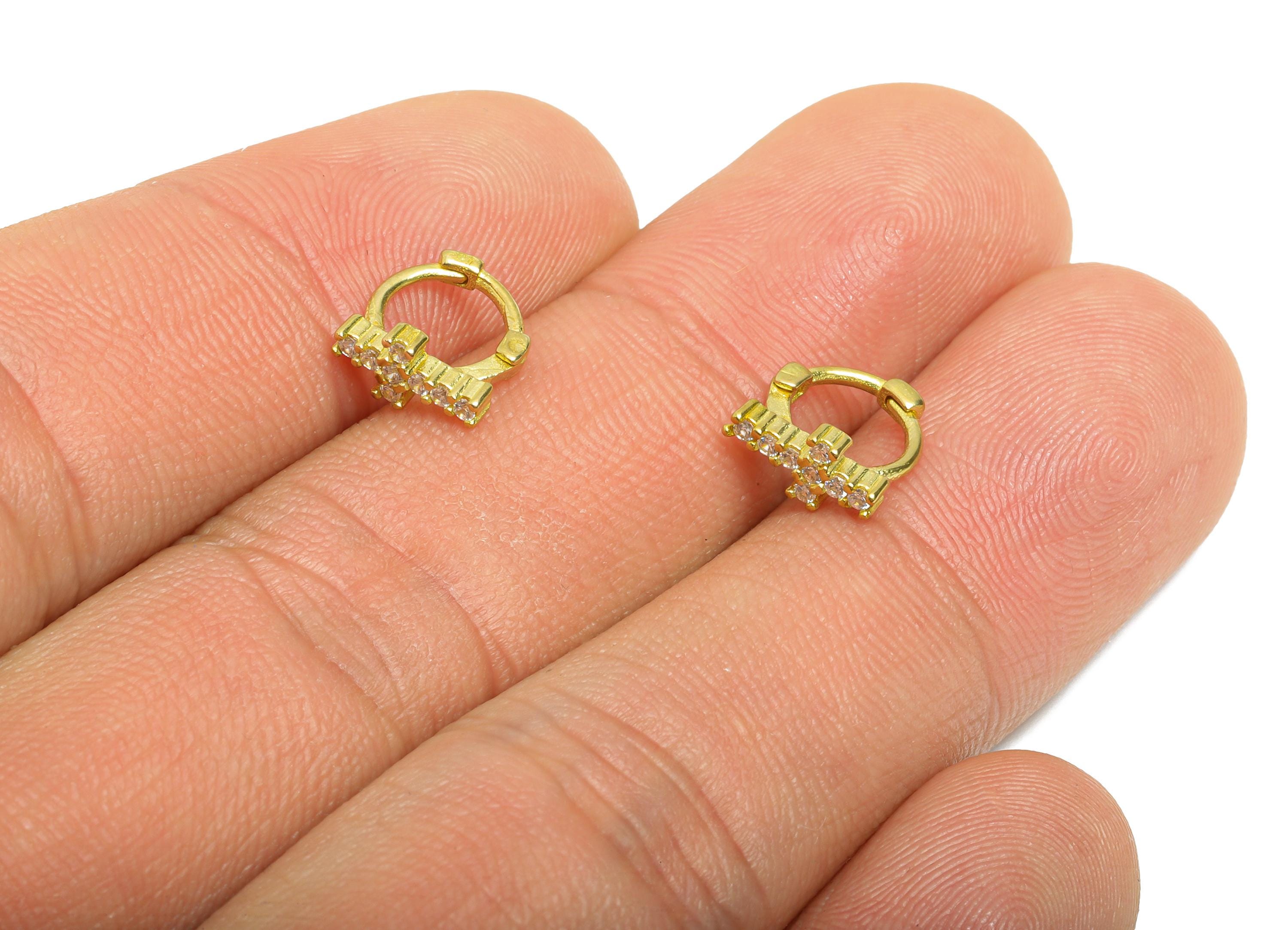 Brass CZ Cross Huggie Hoop Earring - Raw Brass Geometric Zircon Earring - Huggie Hoop Clasp - Everyday Wear - 9.46x8.54x4.33mm - PP11350 - DOMEDBAZAAR