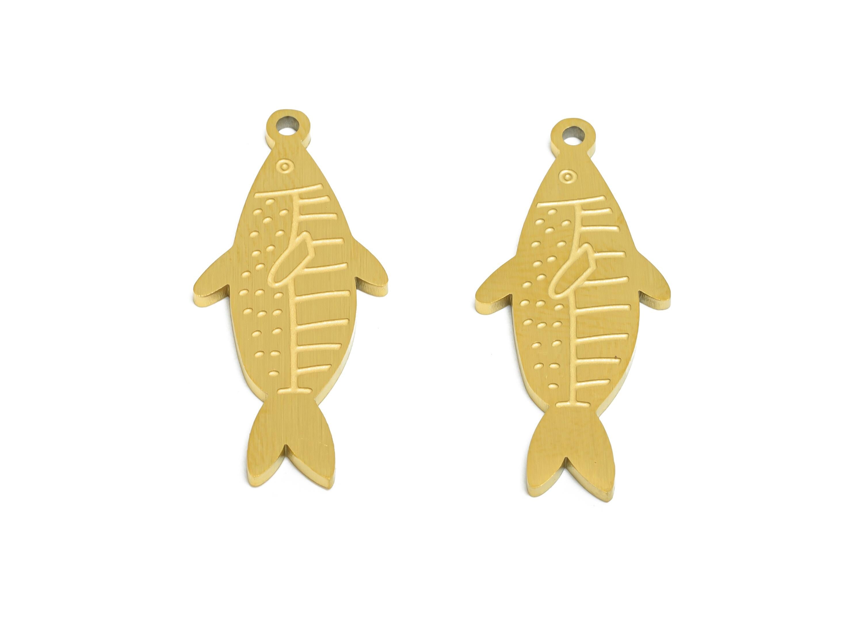 Steel Patterned Fish Charm - Marine Life Theme Jewelry Supply - Laser Cut Engraved Steel Charm - Real Vacuum Plating - 29x12x1.5mm - SS2735 - DOMEDBAZAAR