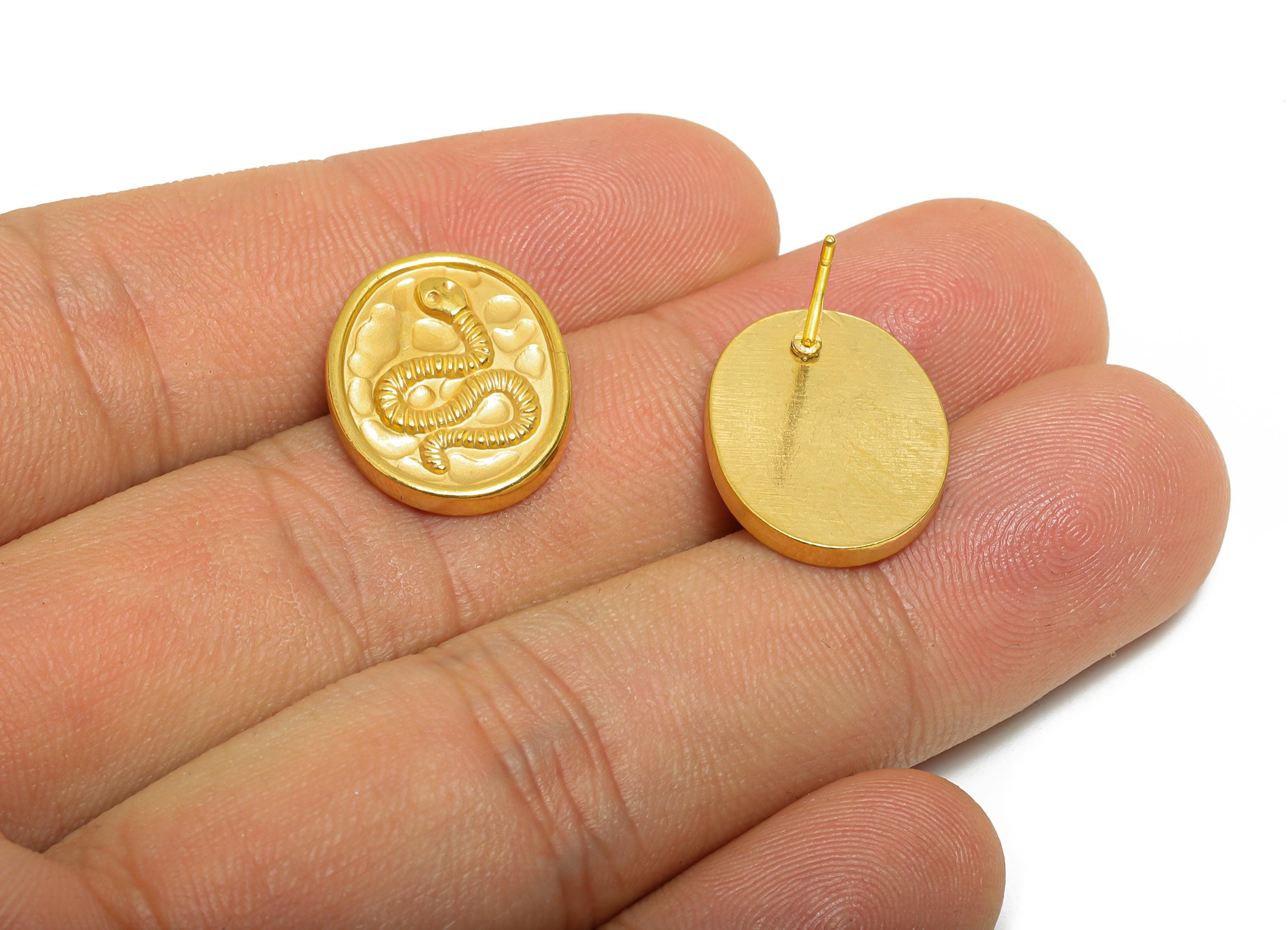 Steel Snake Stud Earring - Steel Textured Oval Snake Stud Earrings - Bold Steel Earring - 24K Real Vacuum Plating - 18x14x2.24mm -SS2715G - DOMEDBAZAAR