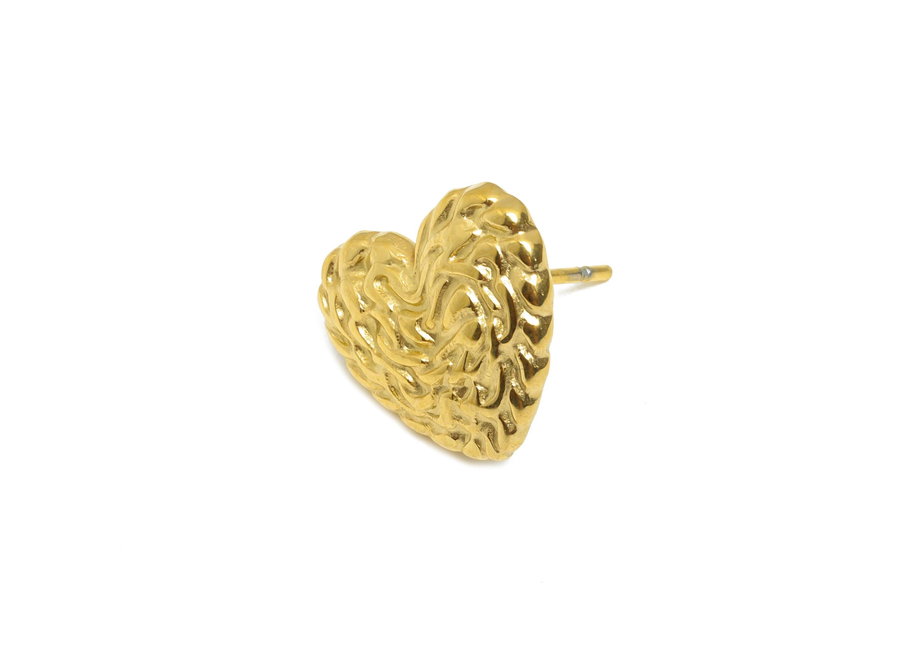 Steel Heart Stud Earring - Steel Textured Romantic Stud Earring - Valentine Jewelry - Steel Post - 24K Real Vacuum Plating-14x13x1mm-SS2729G - DOMEDBAZAAR