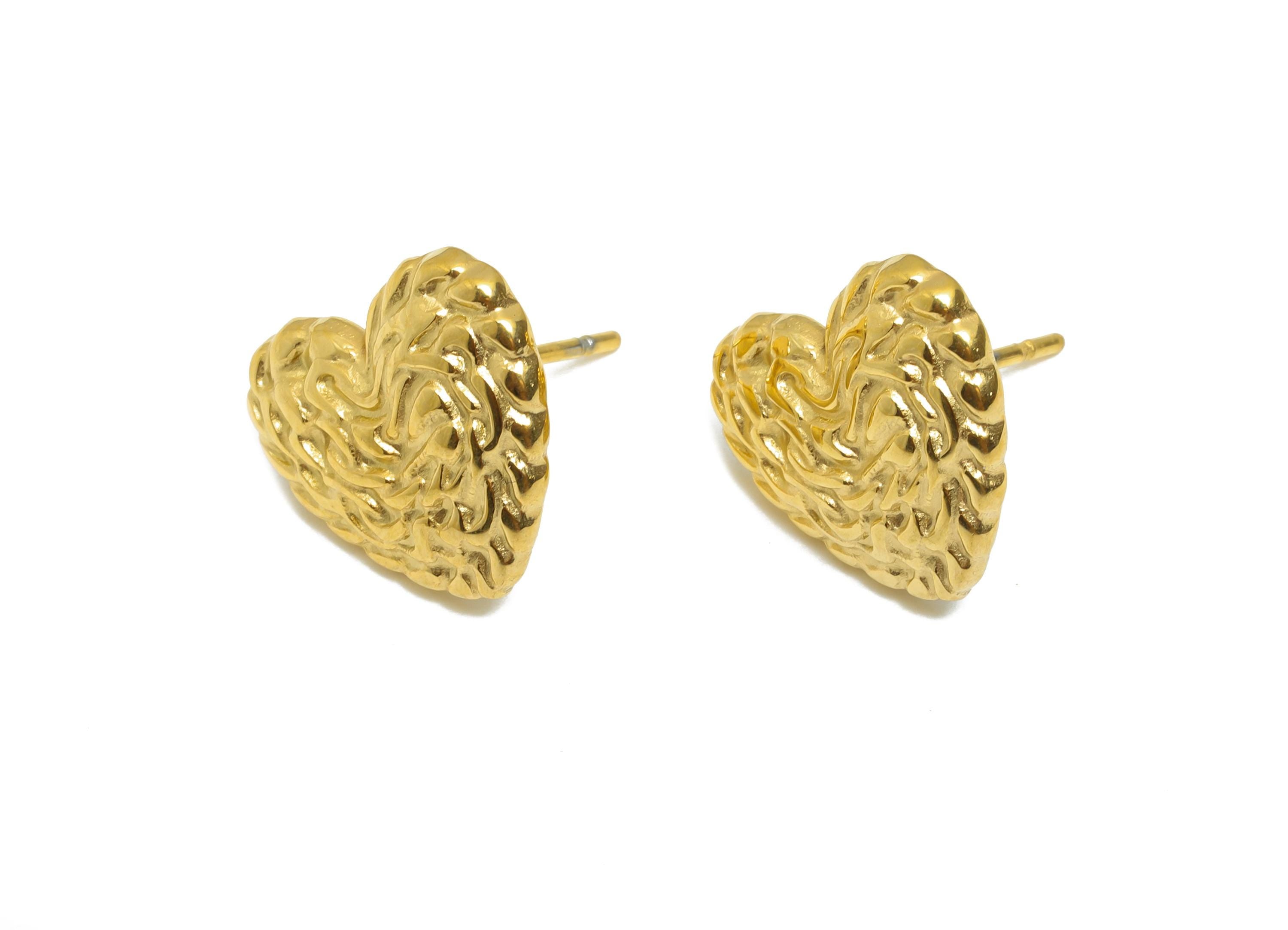 Steel Heart Stud Earring - Steel Textured Romantic Stud Earring - Valentine Jewelry - Steel Post - 24K Real Vacuum Plating-14x13x1mm-SS2729G - DOMEDBAZAAR