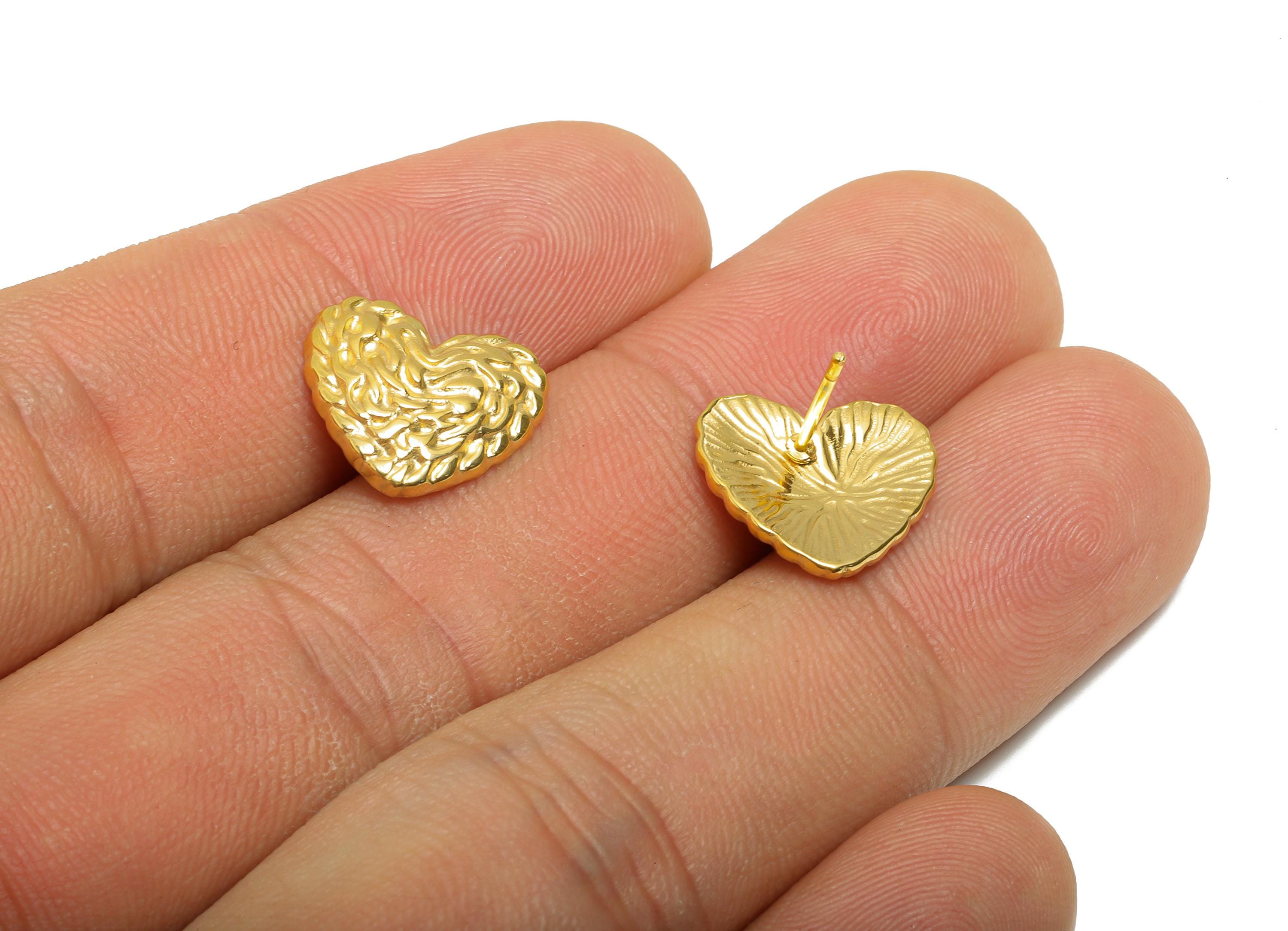 Steel Heart Stud Earring - Steel Textured Romantic Stud Earring - Valentine Jewelry - Steel Post - 24K Real Vacuum Plating-14x13x1mm-SS2729G - DOMEDBAZAAR