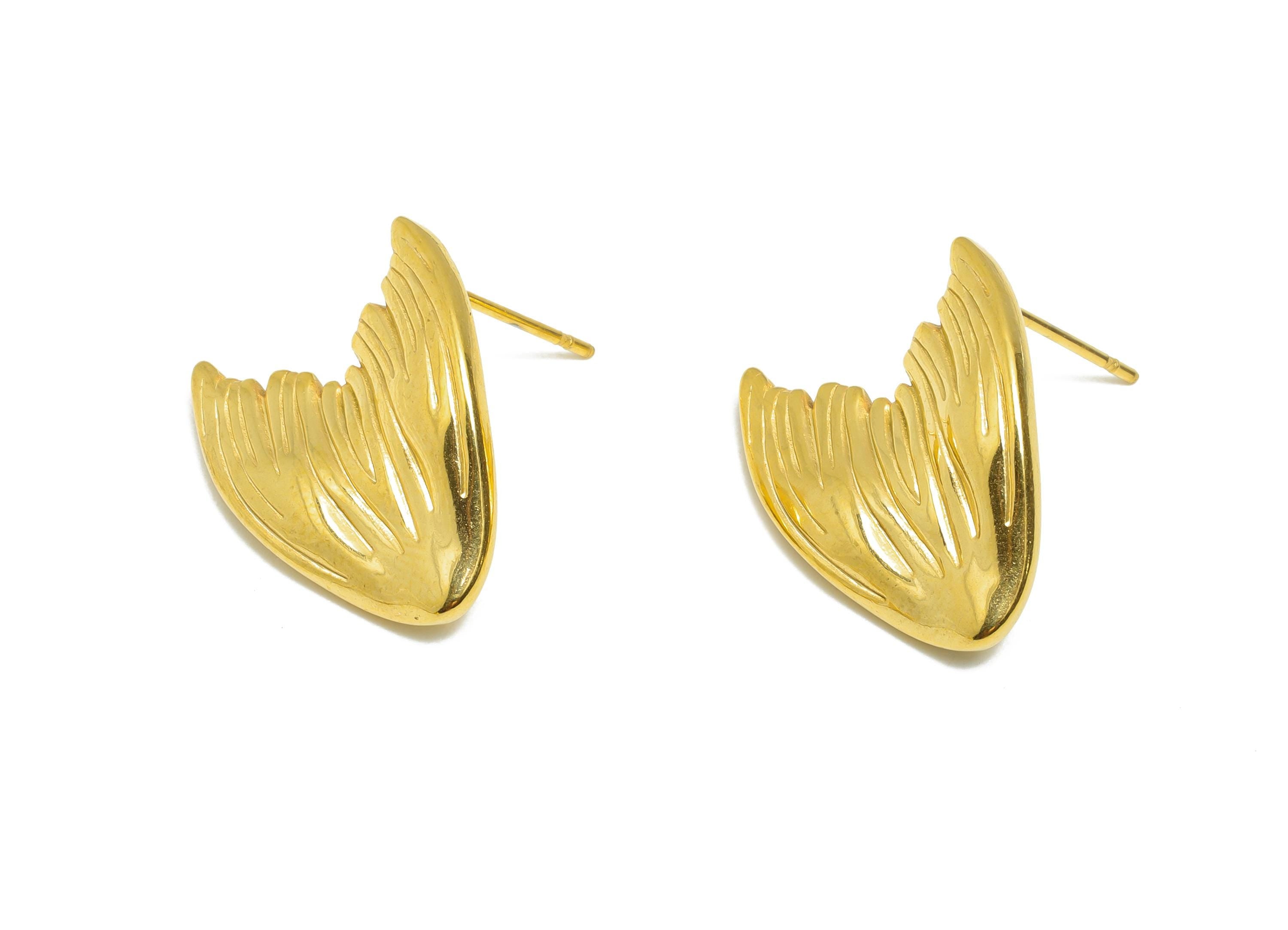 Steel Tail Stud Earring - Steel Whale Tail Earring Post - Textured Marine Life Earring - 24K Real Vacuum Plating - 21.65x16x2mm - SS2732G - DOMEDBAZAAR