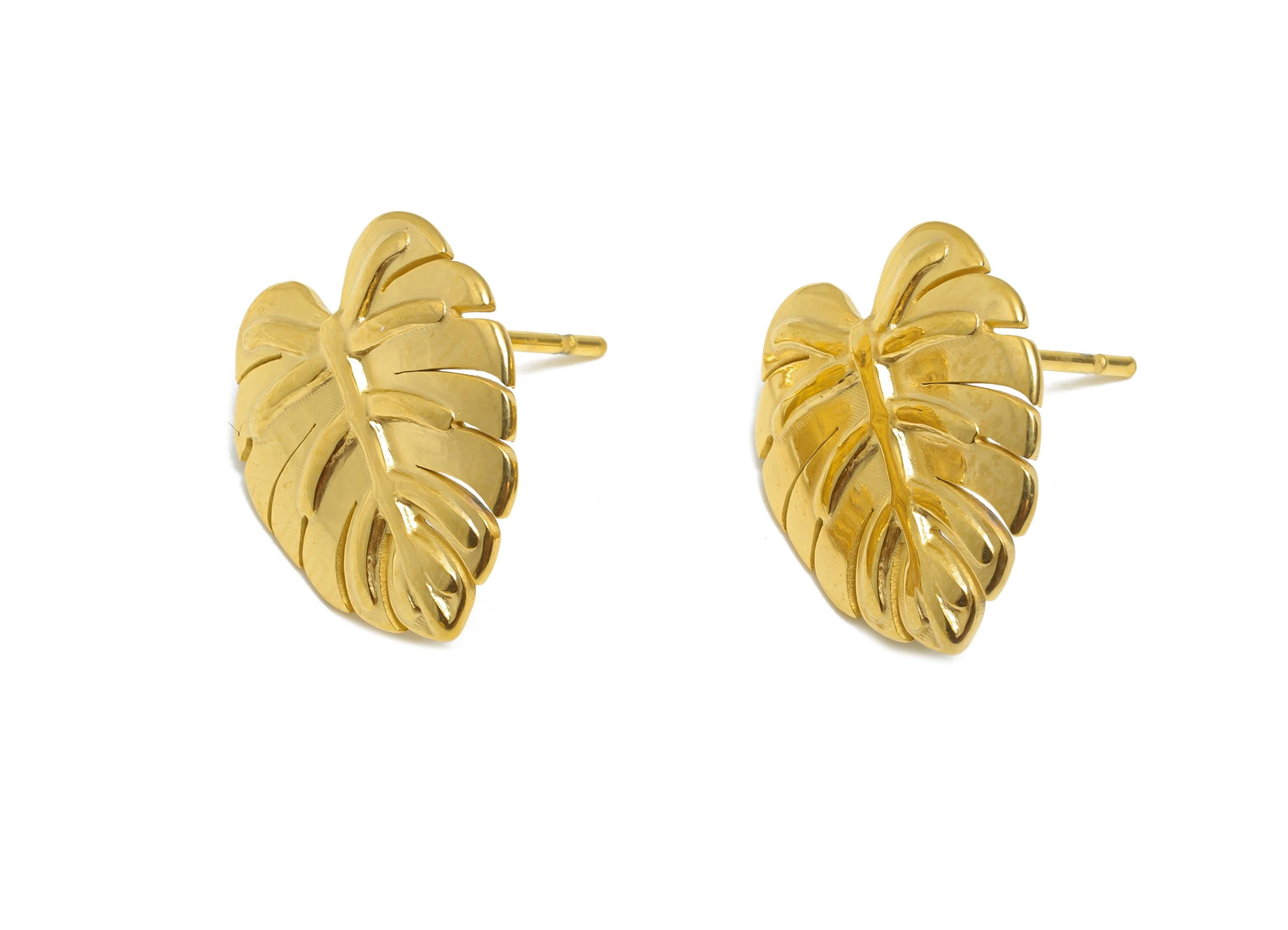 Steel Monstera Leaf Stud Earring - Steel Textured Tropical Leaf Earring - Botanical Earring Post - 24K Real Vacuum Plating-15x14x1mm-SS2733G - DOMEDBAZAAR
