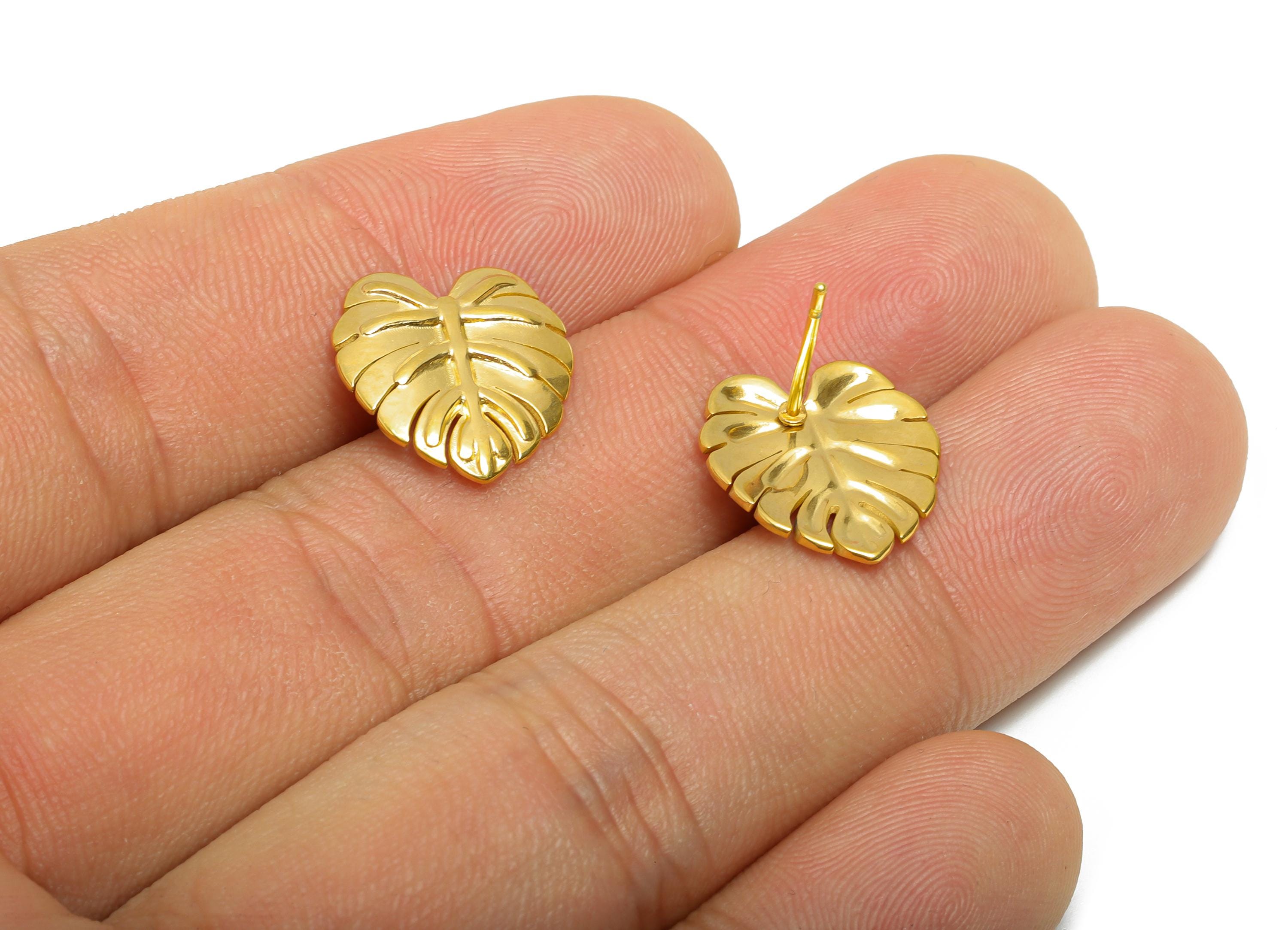 Steel Monstera Leaf Stud Earring - Steel Textured Tropical Leaf Earring - Botanical Earring Post - 24K Real Vacuum Plating-15x14x1mm-SS2733G - DOMEDBAZAAR