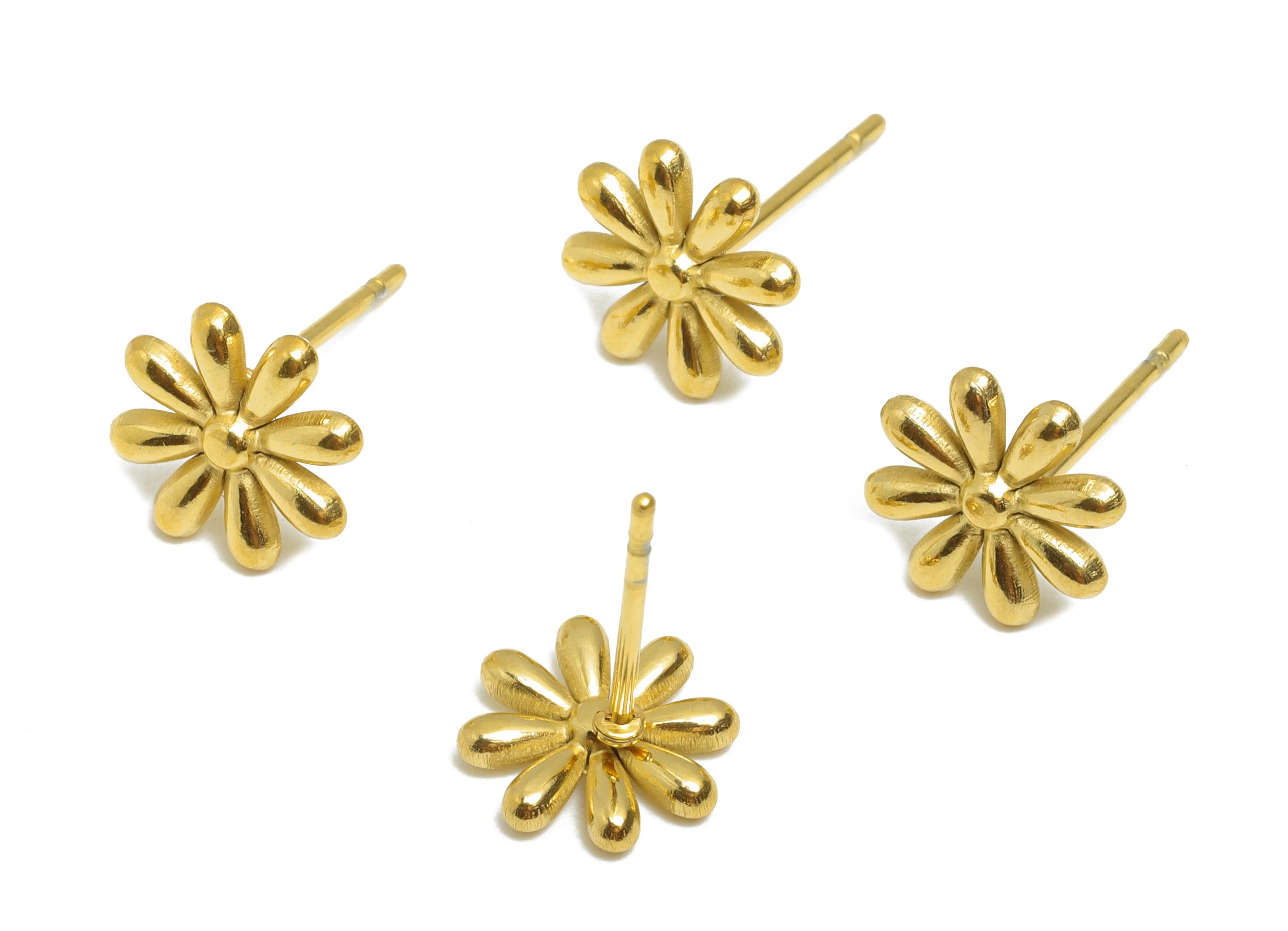 Steel Floral Stud Earring - Steel Flower Daisy Stud Earrings - Botanical Steel Earring Post - 24K Real Vacuum Plating - 9x9x1.6mm - SS2721G - DOMEDBAZAAR