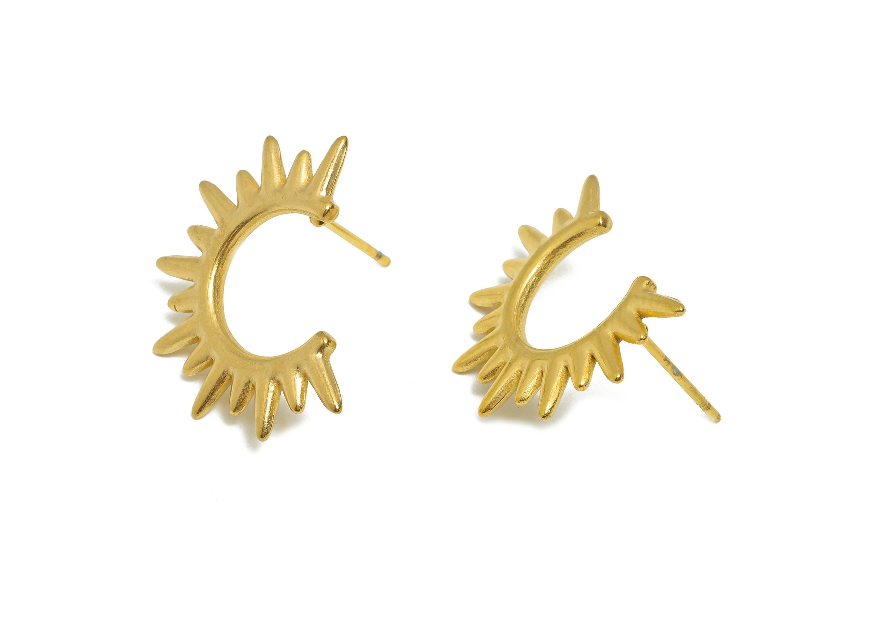 Steel Spiked Stud Earring - Steel Open Hoop Punk Style Earring Post - Bold Rocker Earring - 24k Real Vacuum Plating - 23x23x1mm -SS2711G - DOMEDBAZAAR