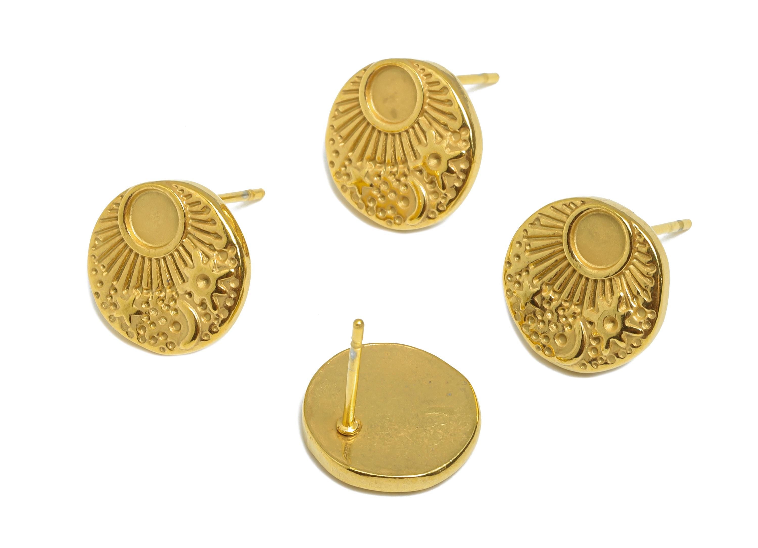 Steel Sun Stud Earring - Steel Crescent Earring For DIY Bead - Steel Celestial Stud Earring - 24K Real Vacuum Plating - 12x12x1mm - SS2730G - DOMEDBAZAAR